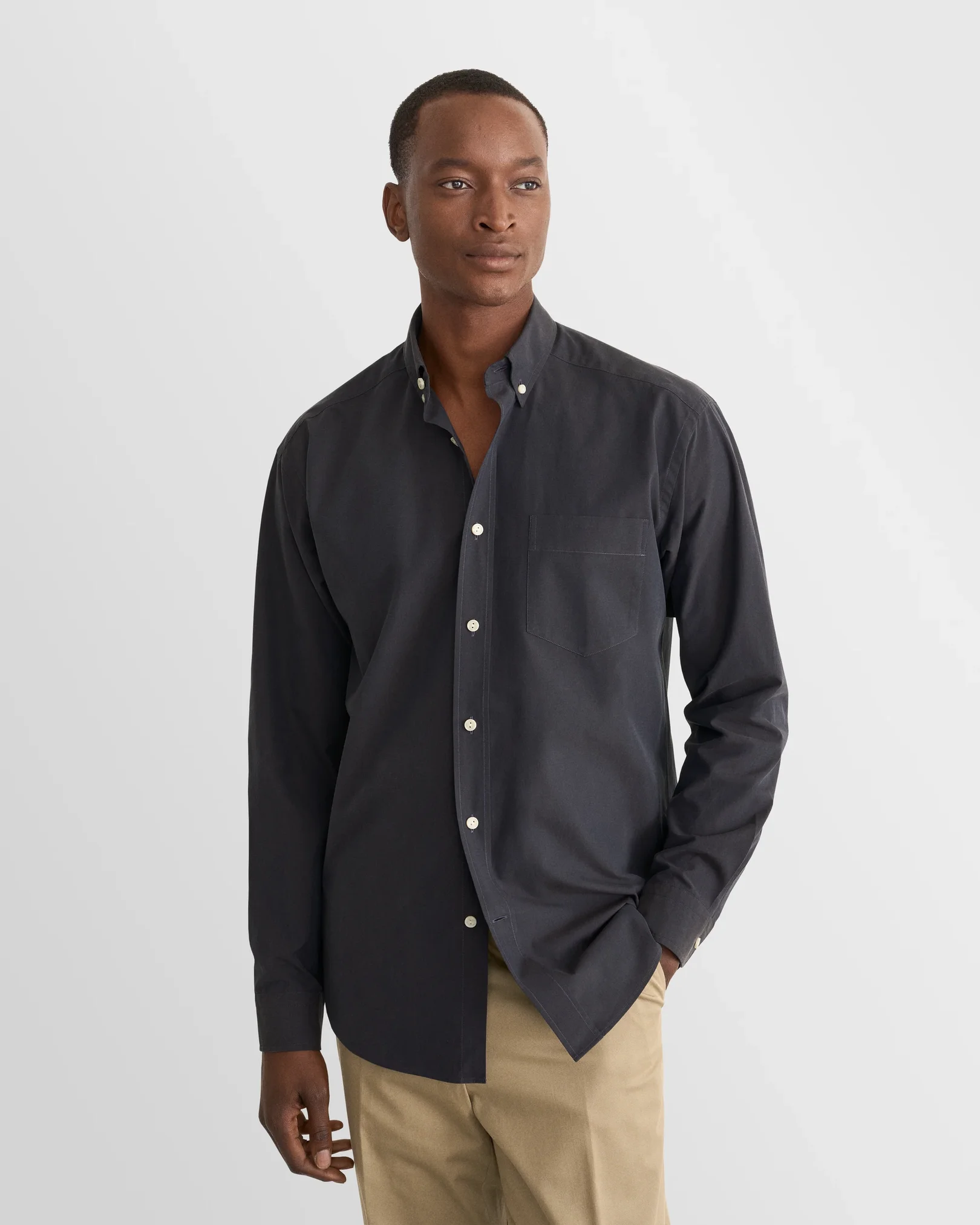 Eton - navy blue solid peached poplin shirt