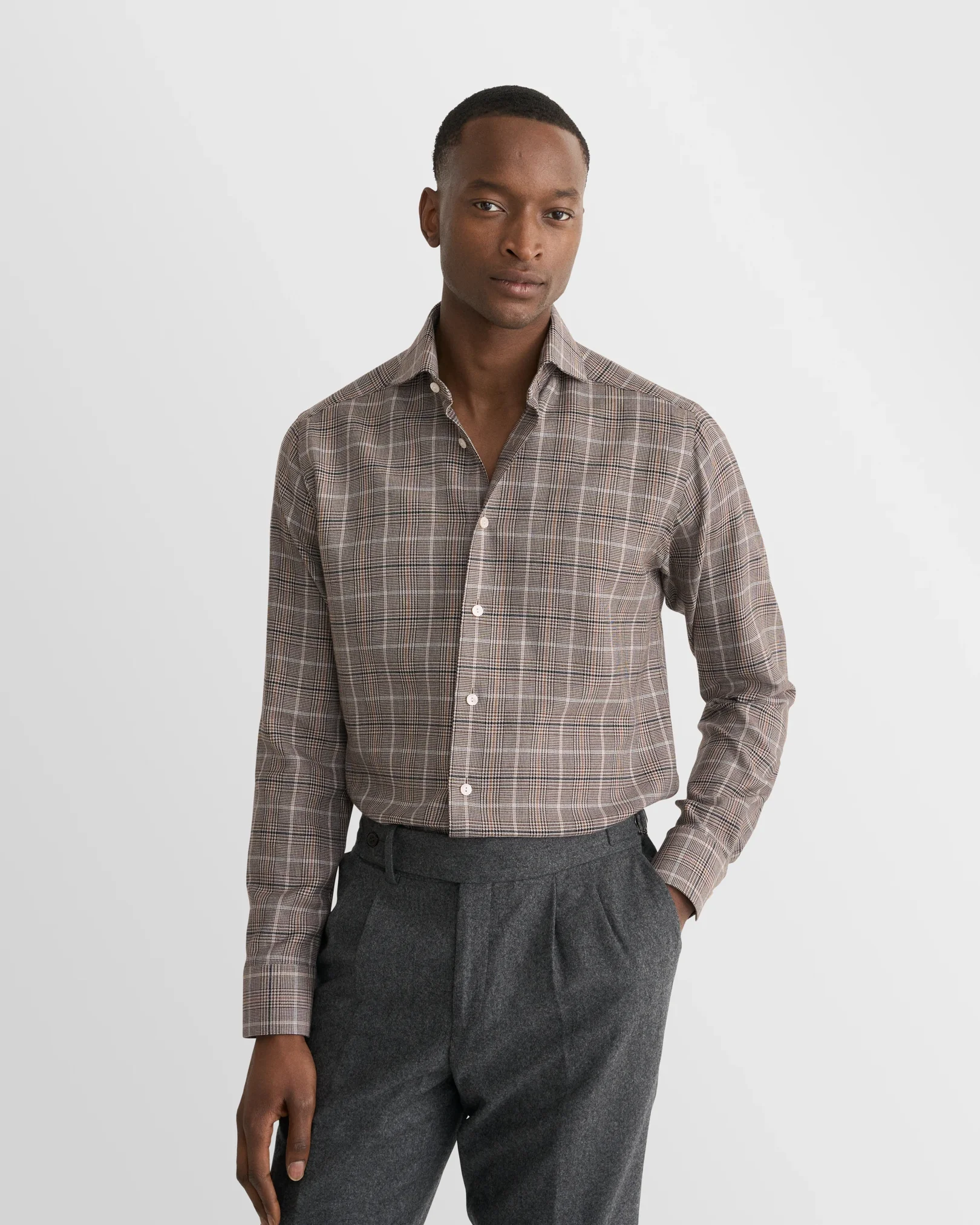 Eton - dark brown plaid check cotton silk cashmere shirt