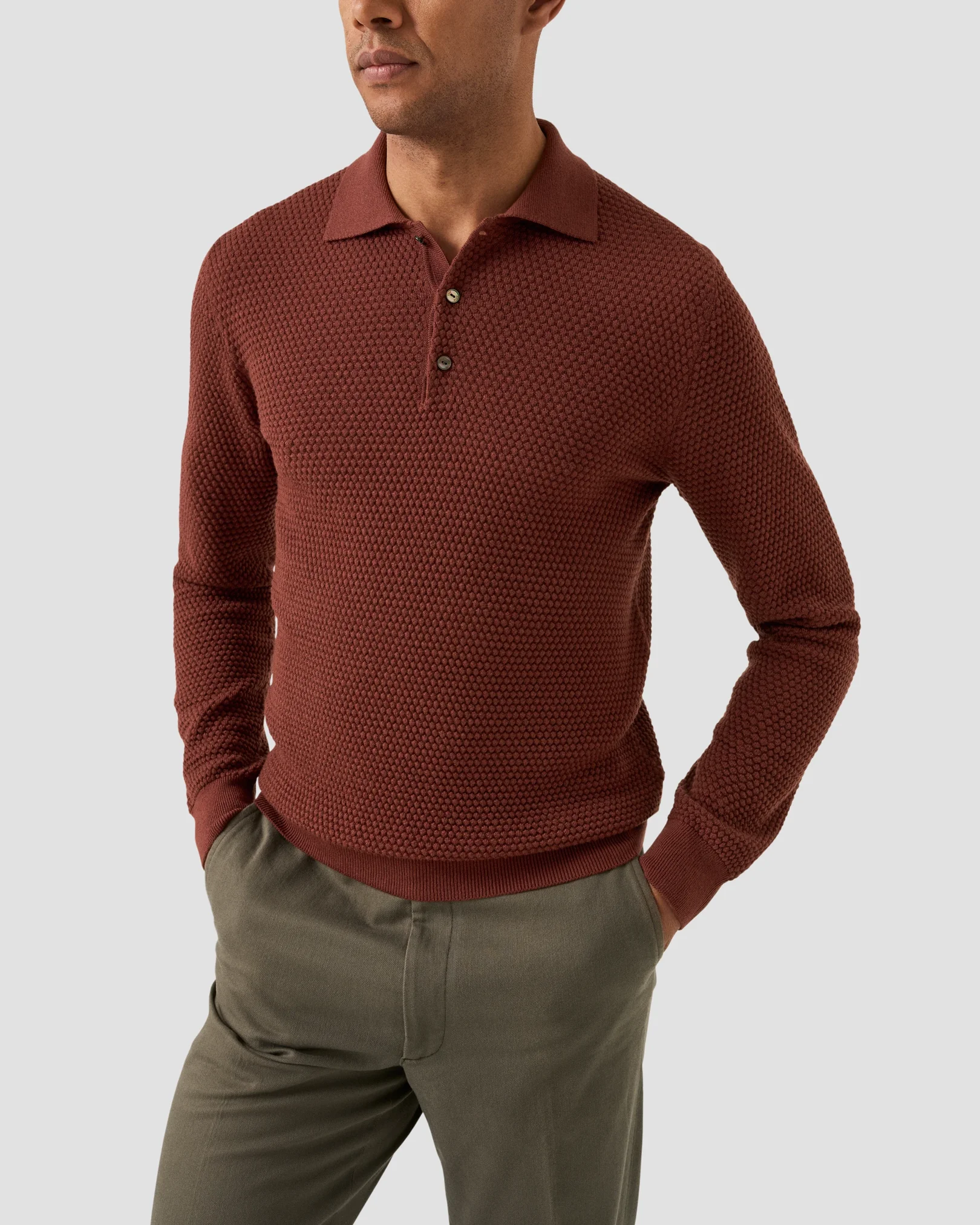 Eton - red merino structure long sleeve polo