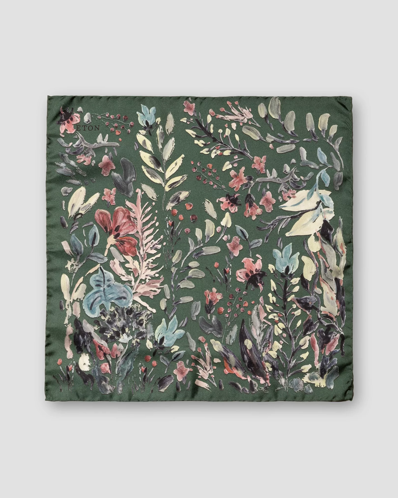 Eton - green floral print fuji silk pocket square