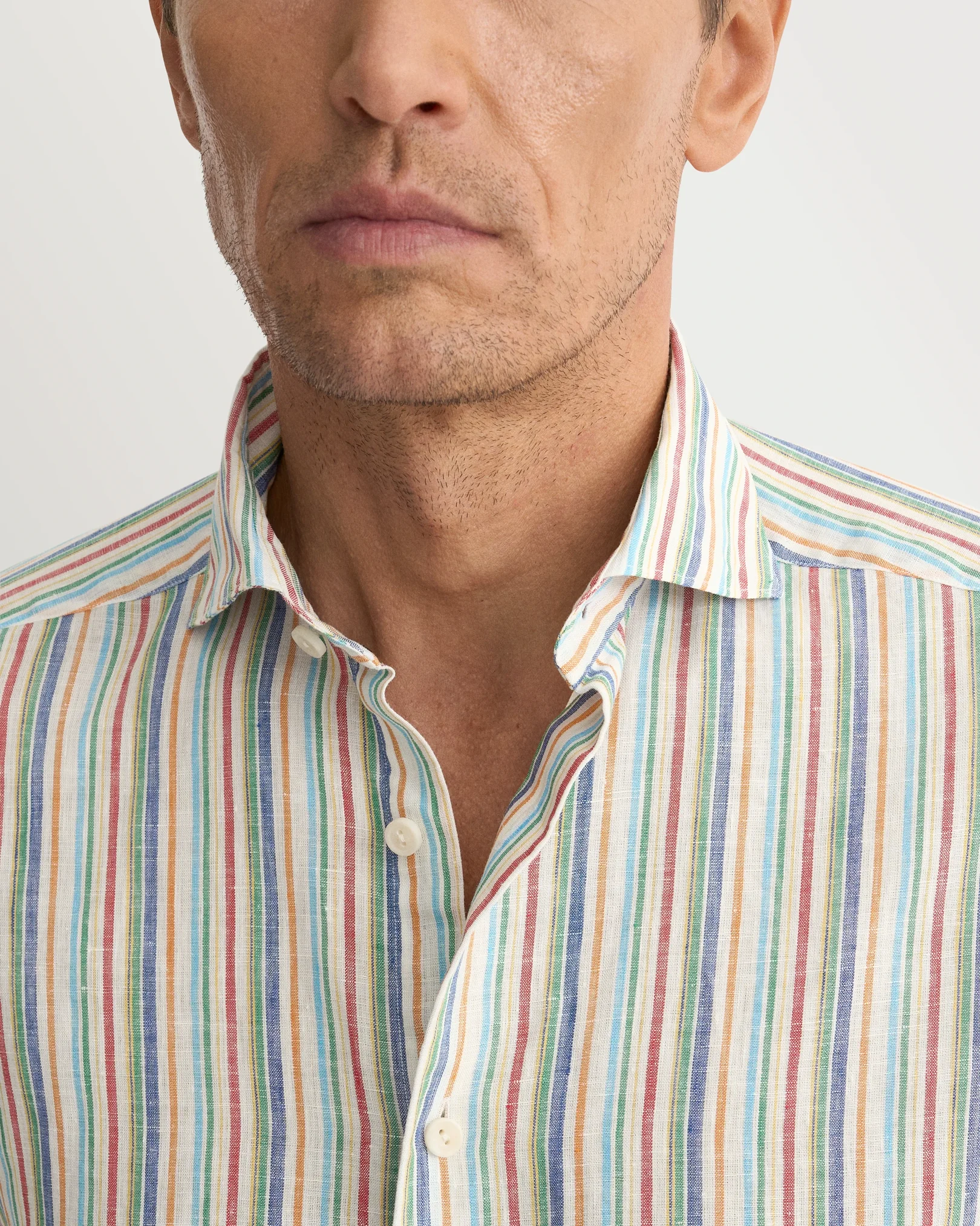 Eton - multi striped linen shirt wide spread rounded single casual fit