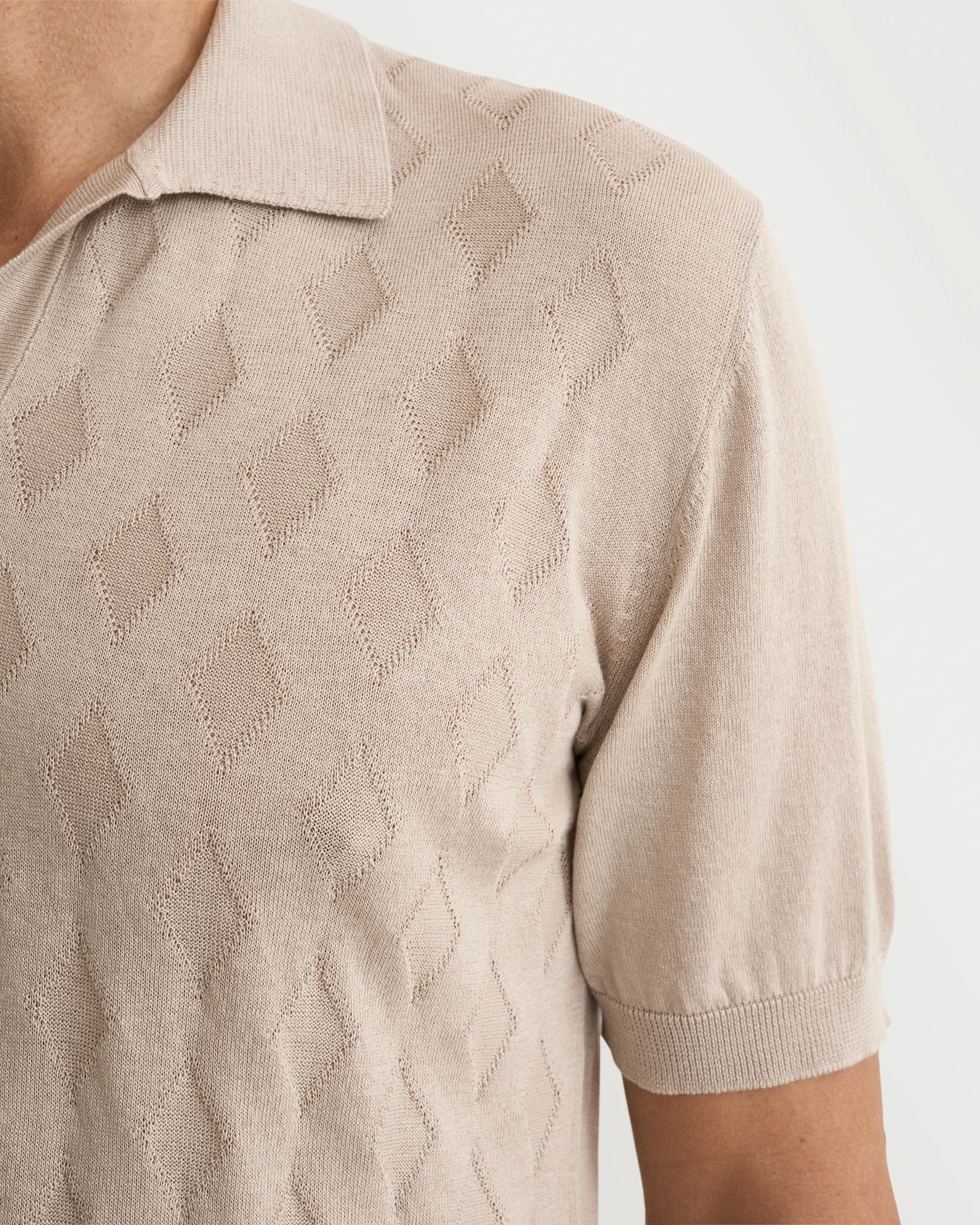 Eton - beige cotton and silk open collar fine knit