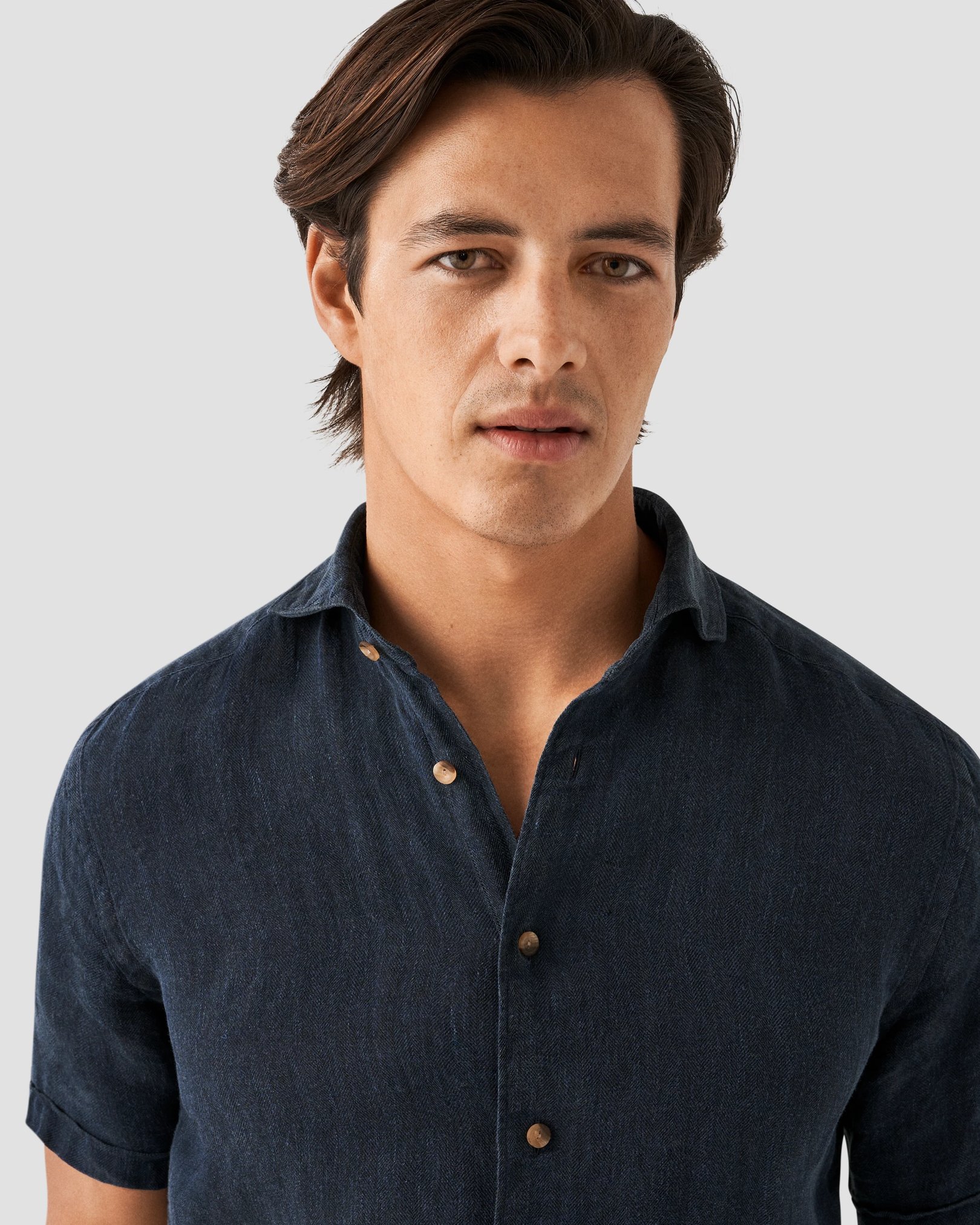 Eton - navy blue linen wide spread short sleeve