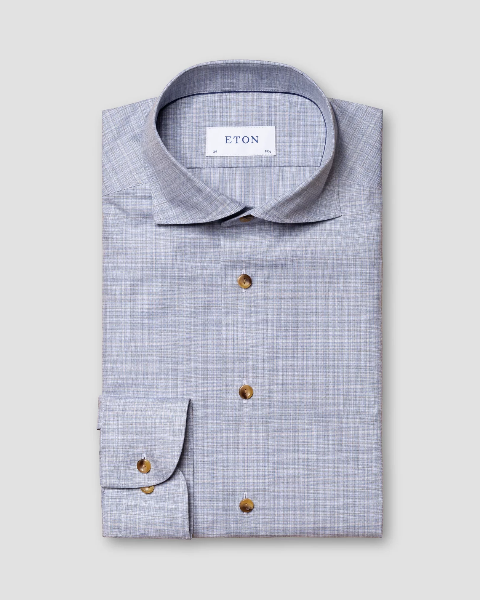 Eton - blue plaid fine twill shirt wide spread single rounded slim