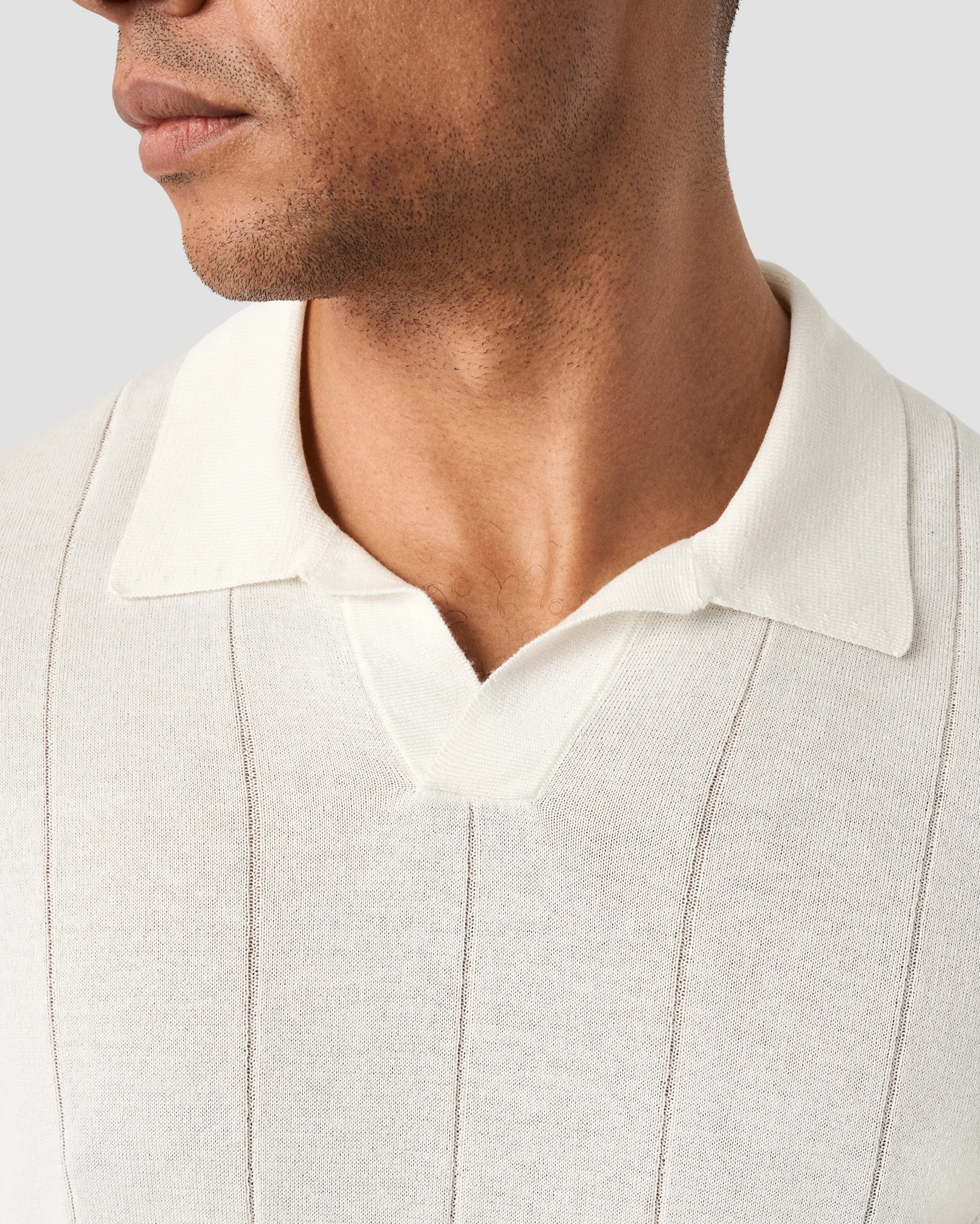 Eton - white cotton and silk open collar fine knit polo shirt