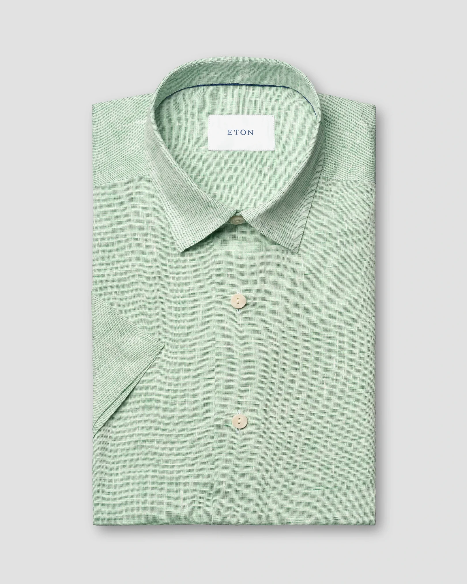 Eton - mid green solid linen short sleeve shirt spread