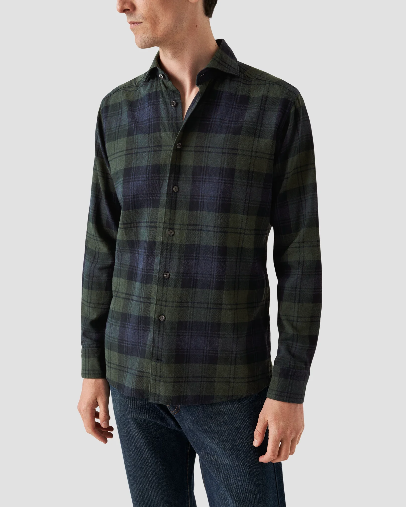 Eton - dark green flannel wide spread collar rounded single slim fit