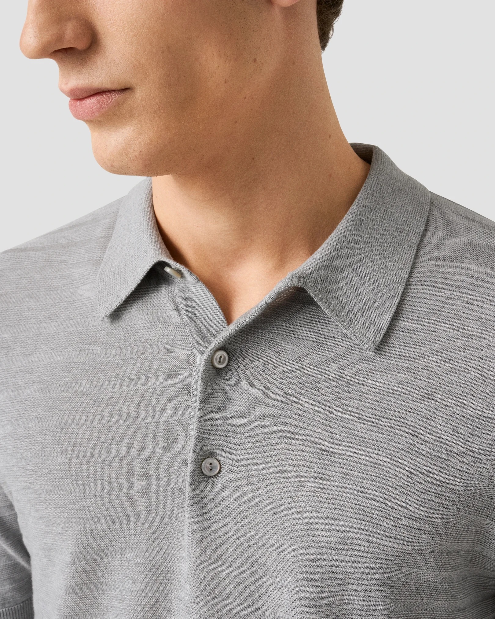 Eton - light grey horisontal striped fine knit polo shirt