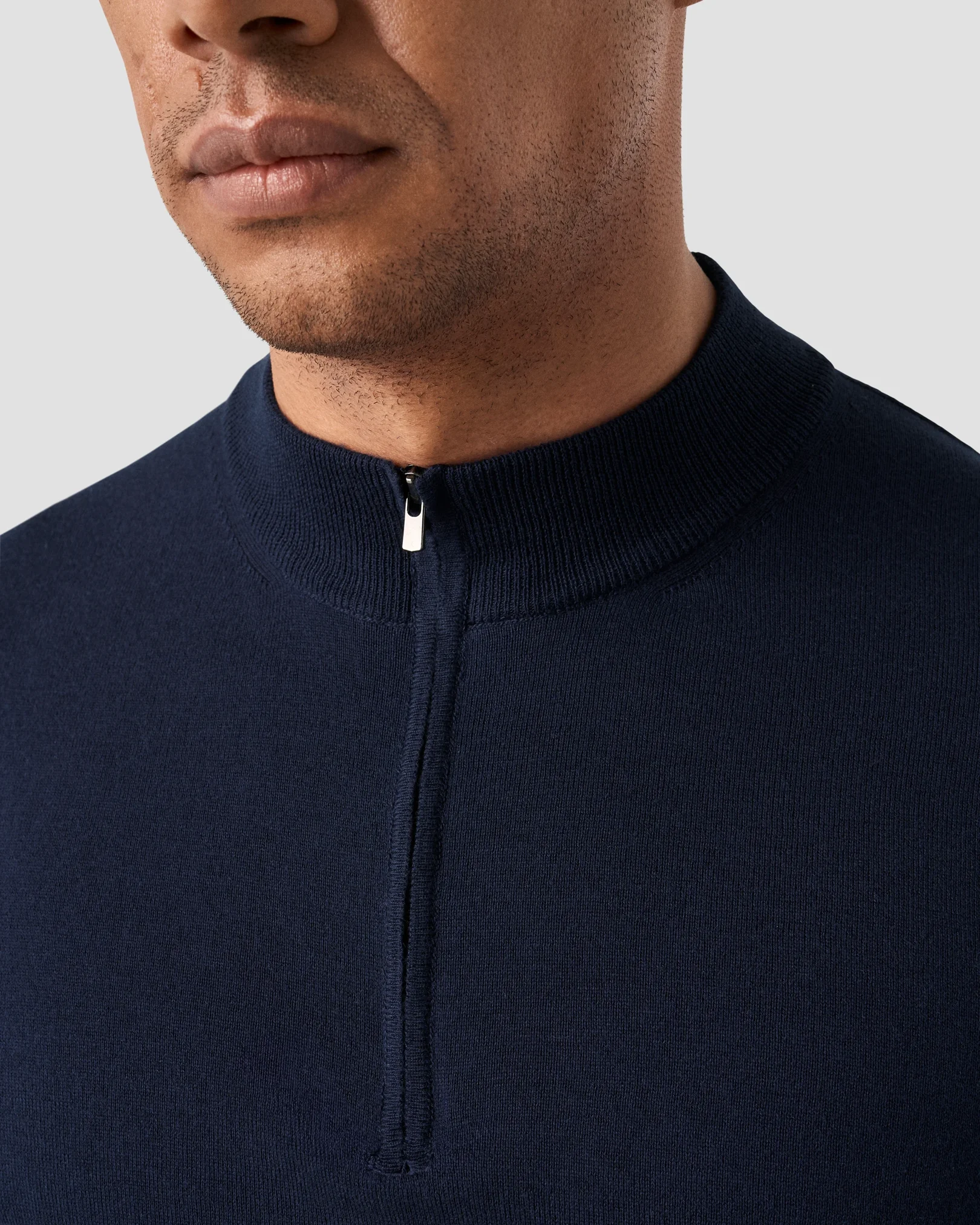 Eton - navy blue cotton and cashmere quarter zip fine knit