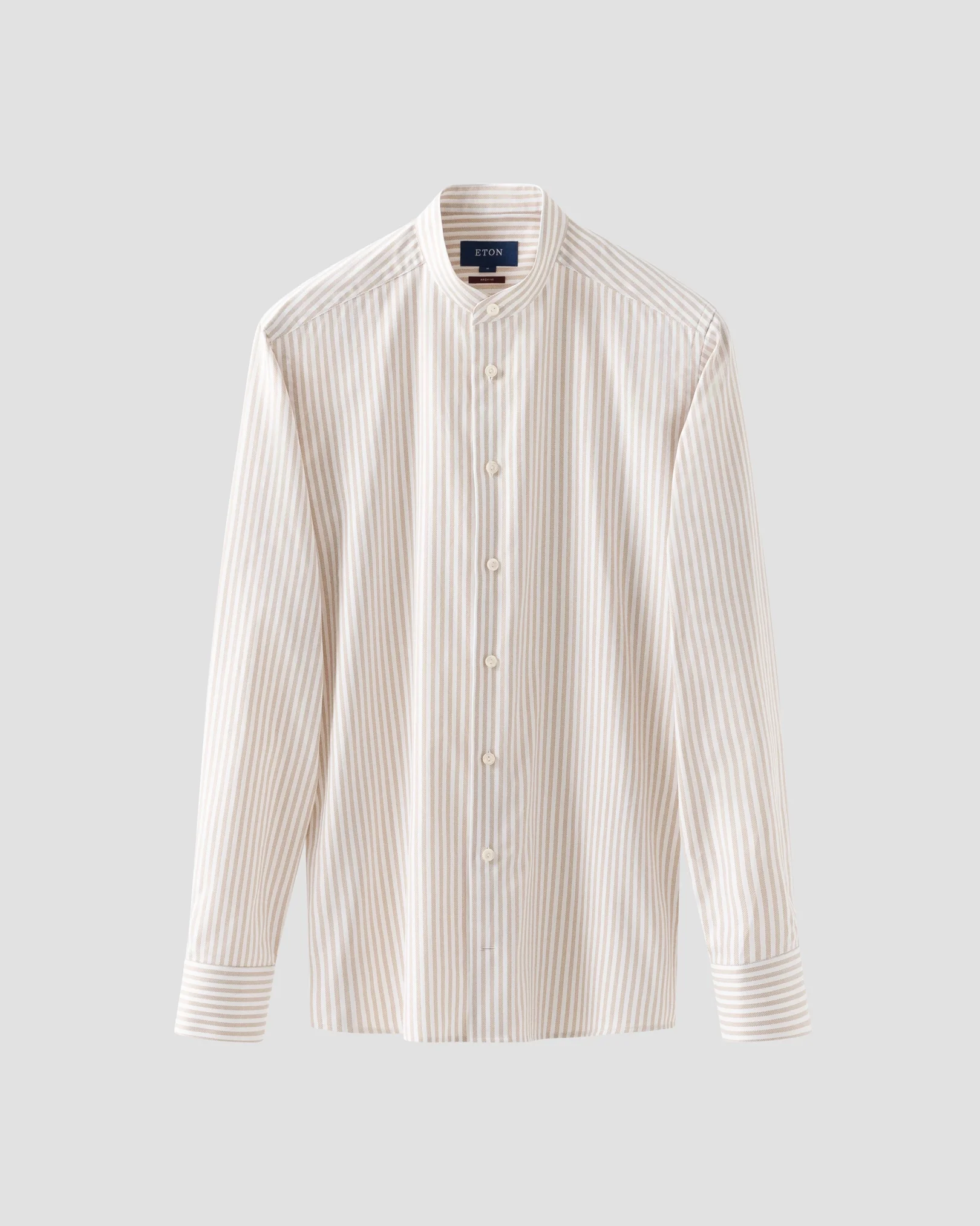 Beige Striped Oxford Band Collar Shirt