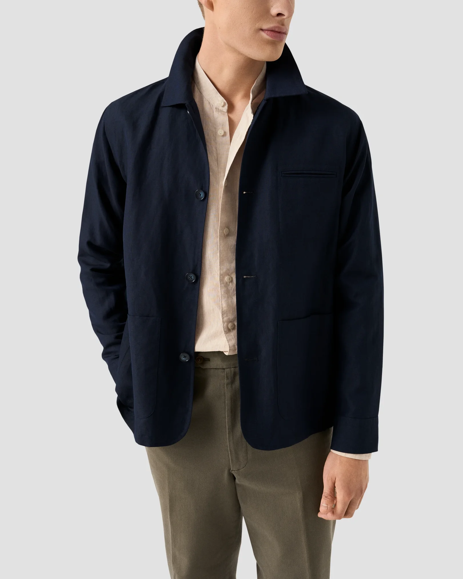 Eton - beige solid plain weave linen shirt band