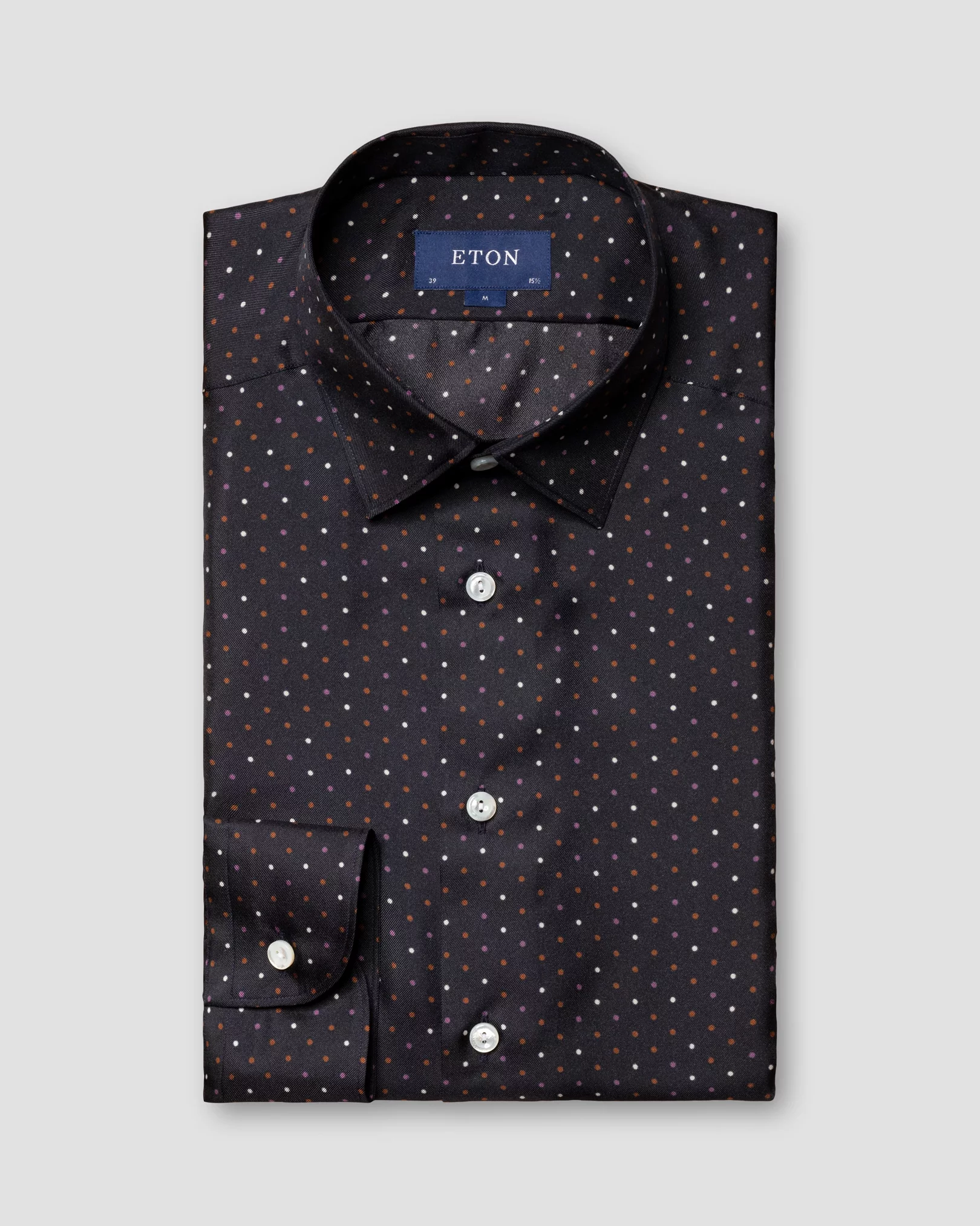 Eton - black silk twill shirt polka dots pointed single rounded slim soft