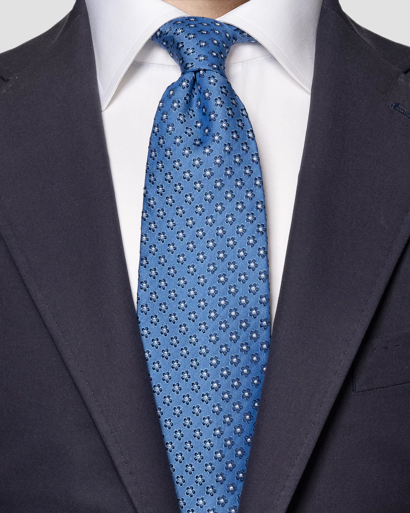 Blue Floral Silk Cotton Tie - Eton