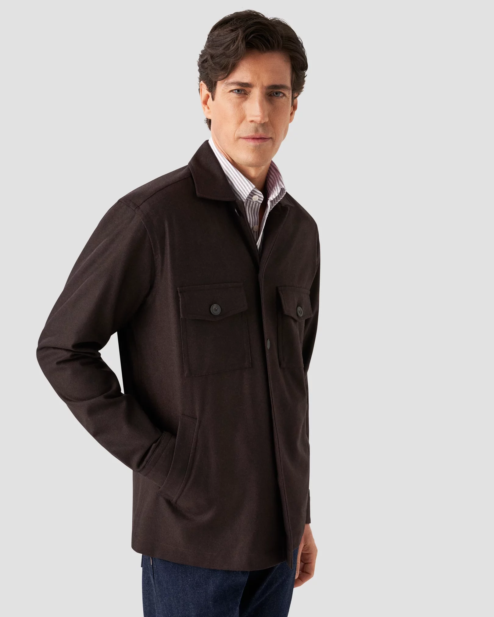 Eton - Dark Brown Herringbone Wool-Cashmere Flannel Overshirt