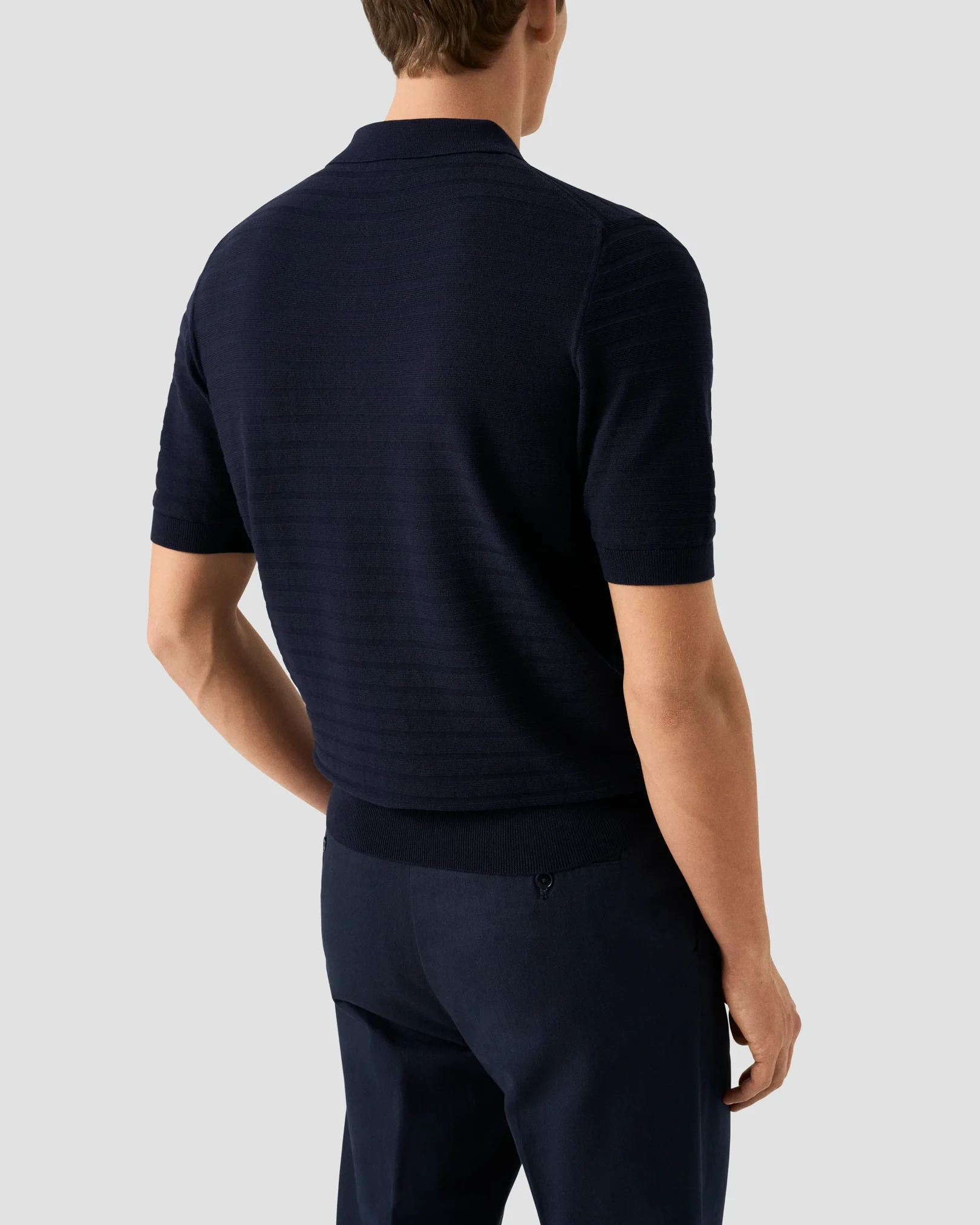 Eton - dark blue horisontal striped fine knit polo shirt