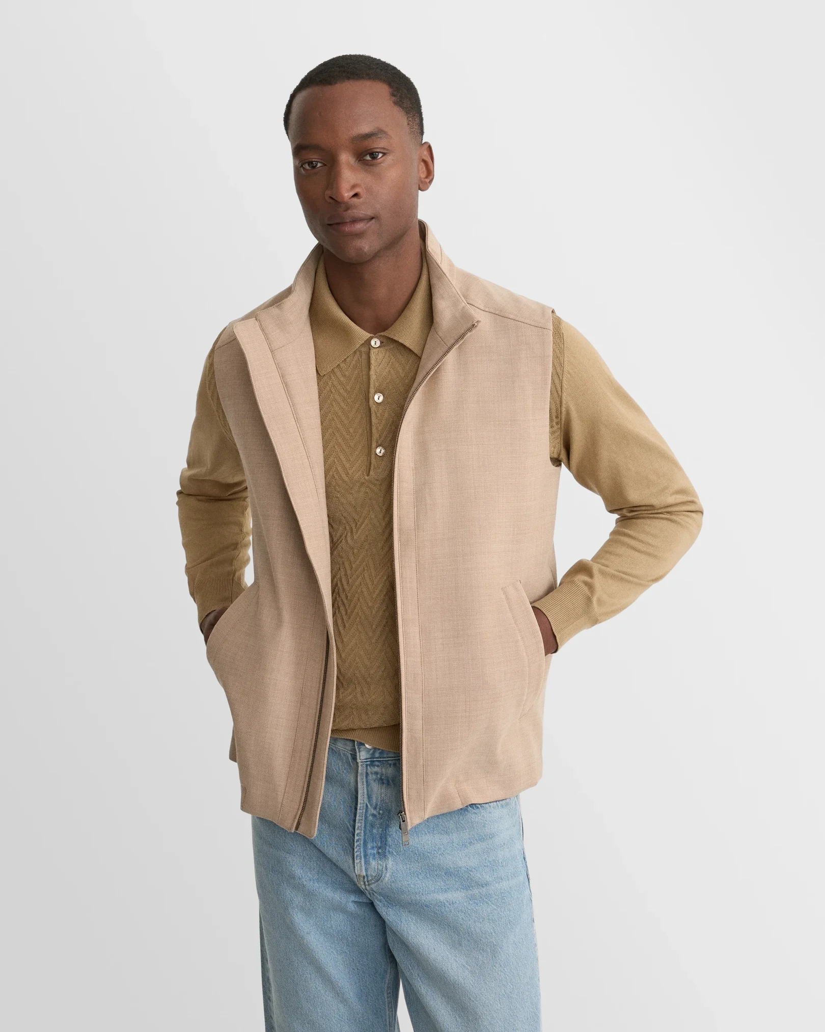 Eton - beige chevron structure knit polo shirt