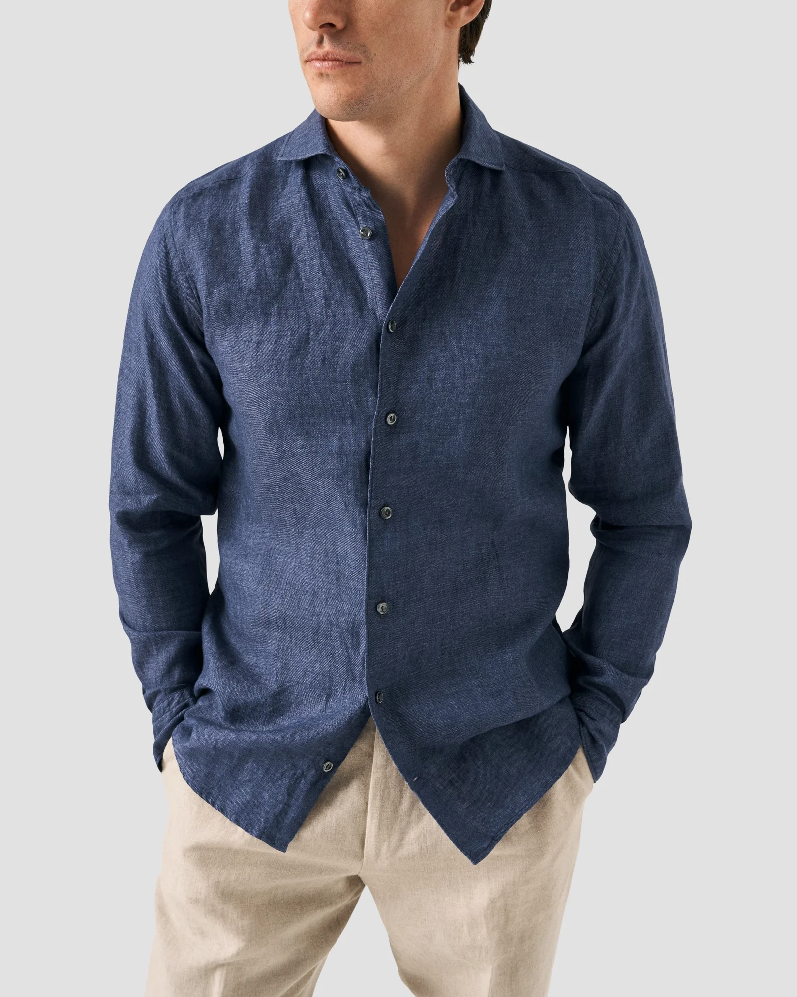 Eton - solid navy linen shirt wide spread