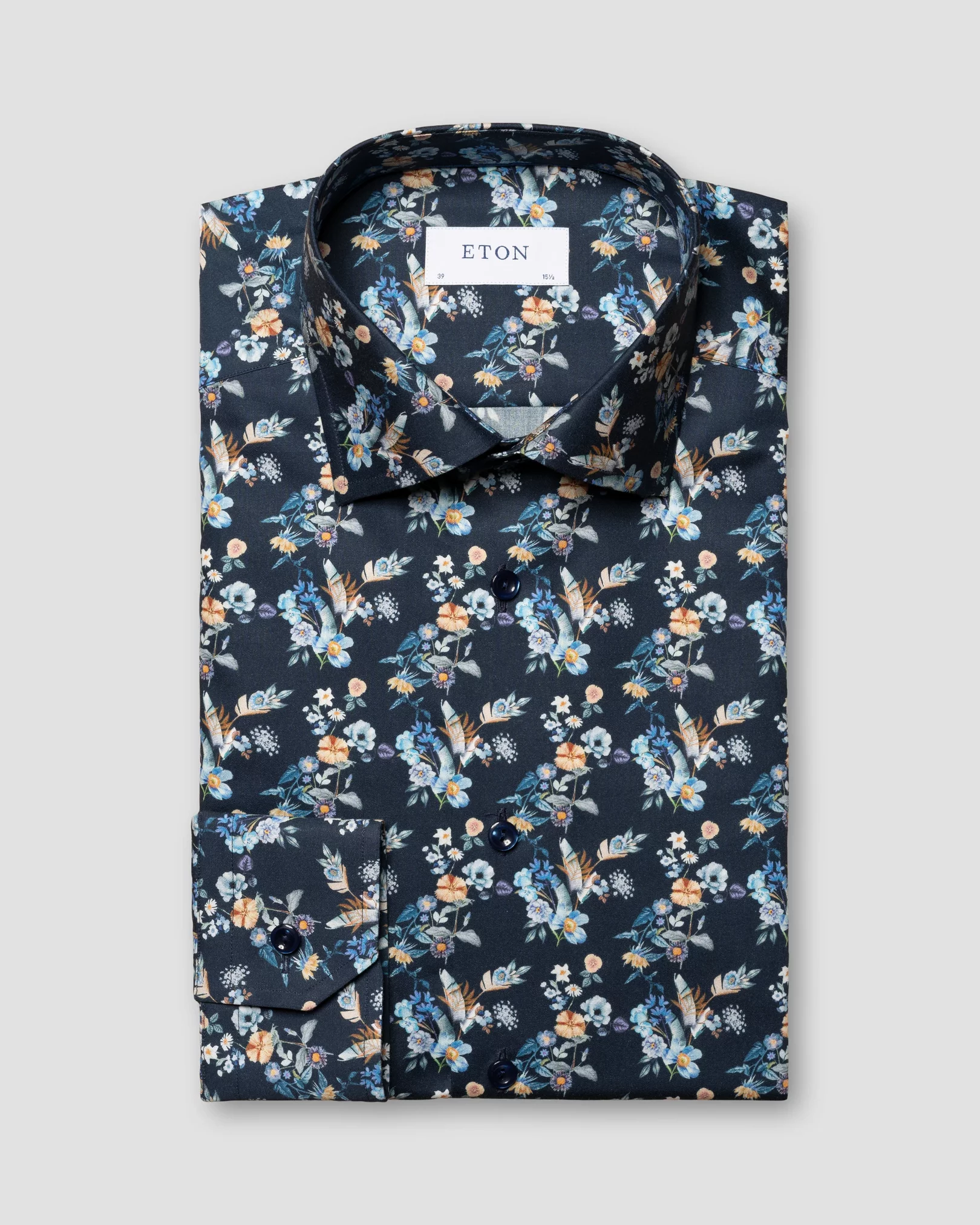 Marinblå, blommönstrad twillskjorta