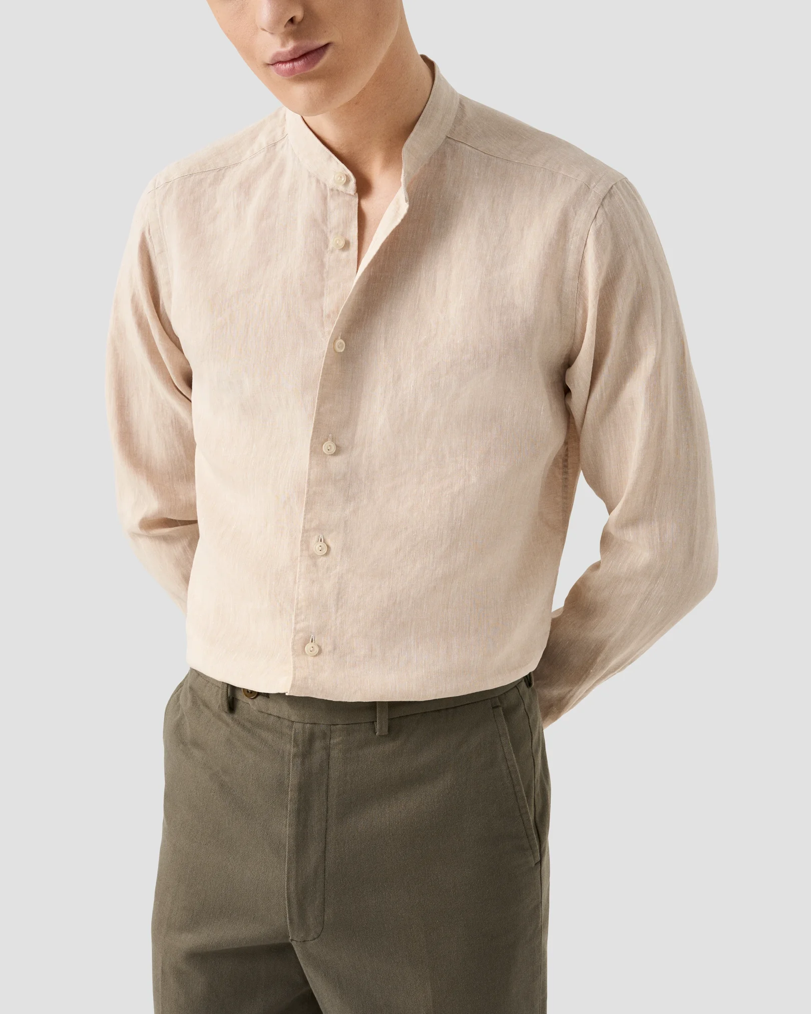 Eton - beige solid plain weave linen shirt band