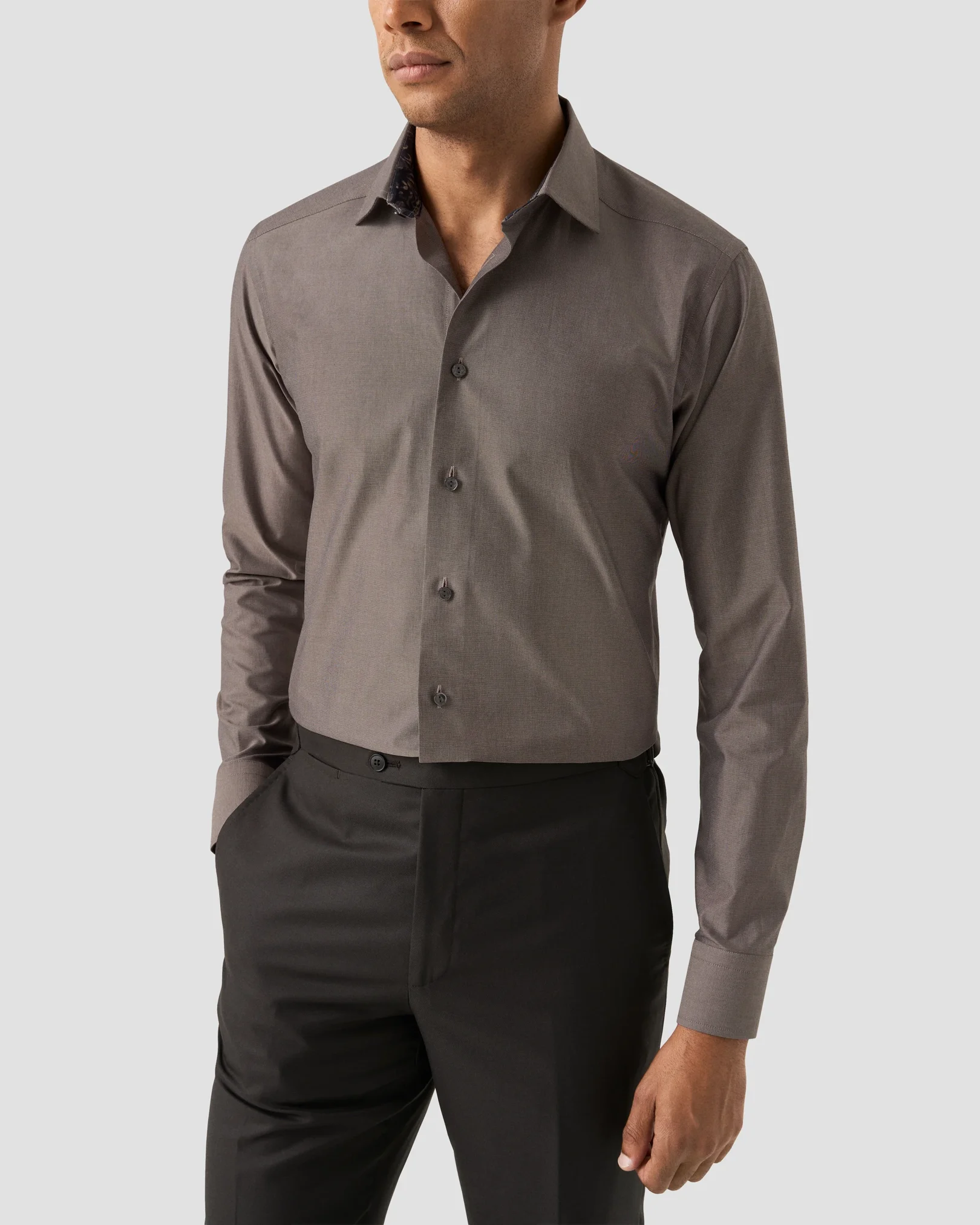 Eton - dark brown floral effect semi solid shirt