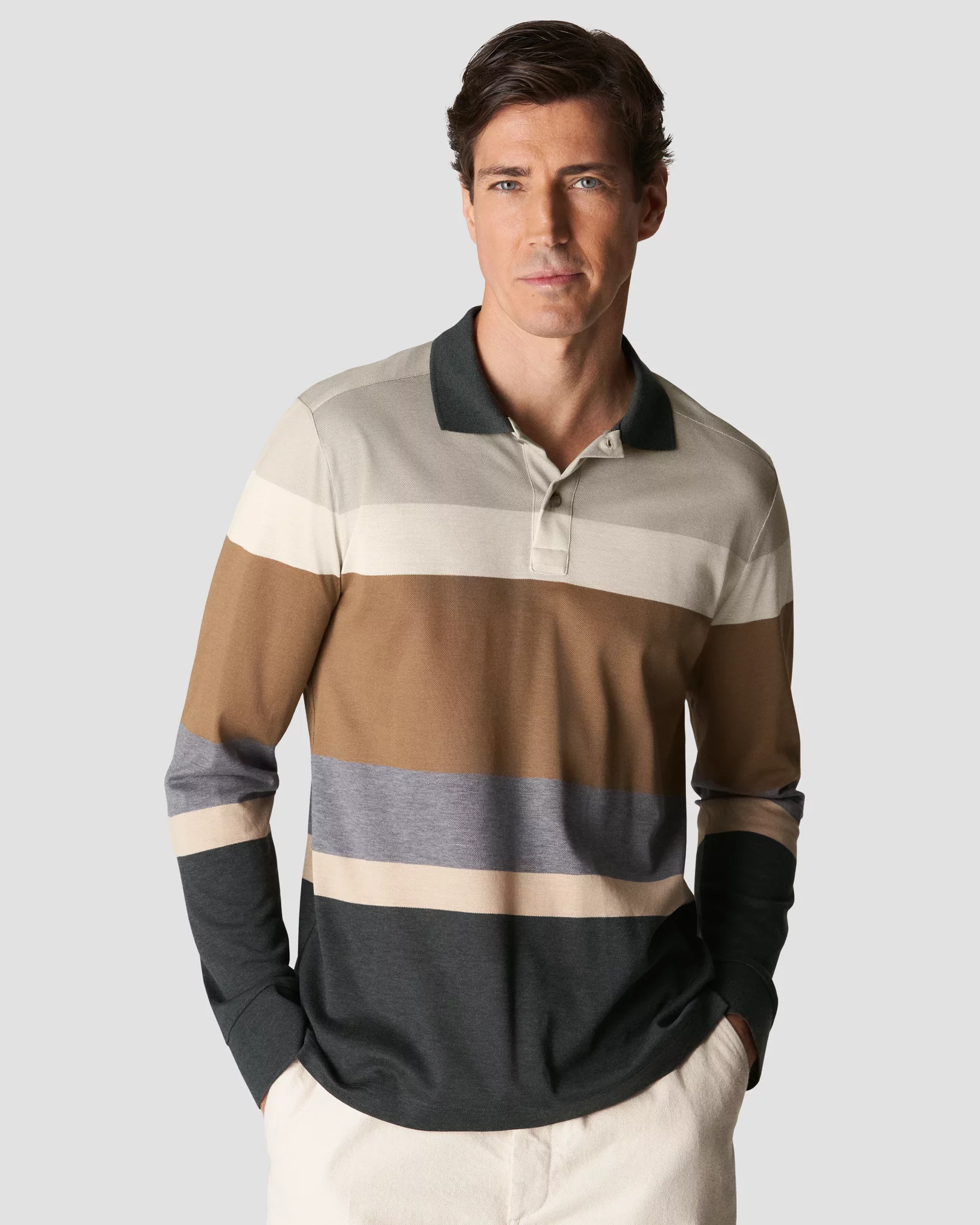 Hackett Even Stripe Rugby Long Sleeve Polo Brown Cream - Tops