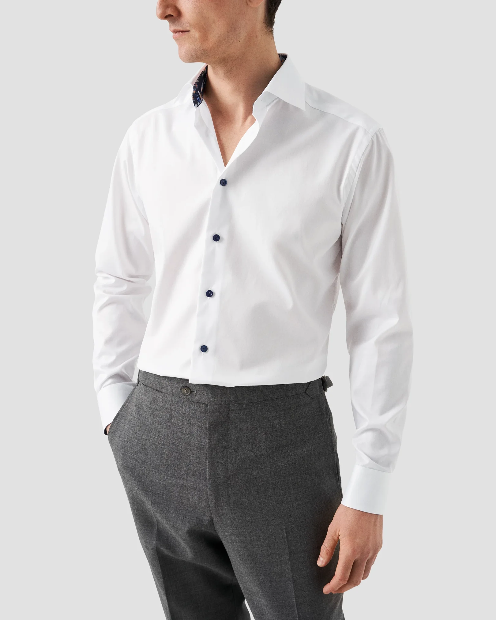 White Floral Print Effect Solid Signature Twill Shirt - Eton