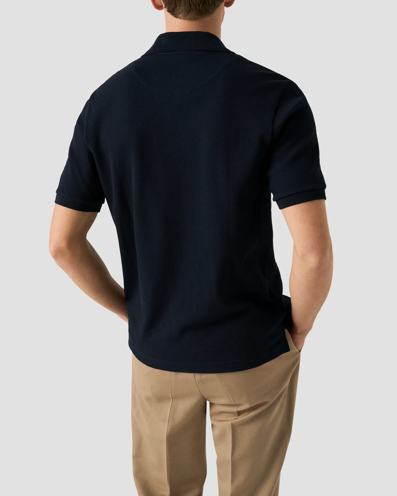 Eton - navy waffle open collar polo shirt