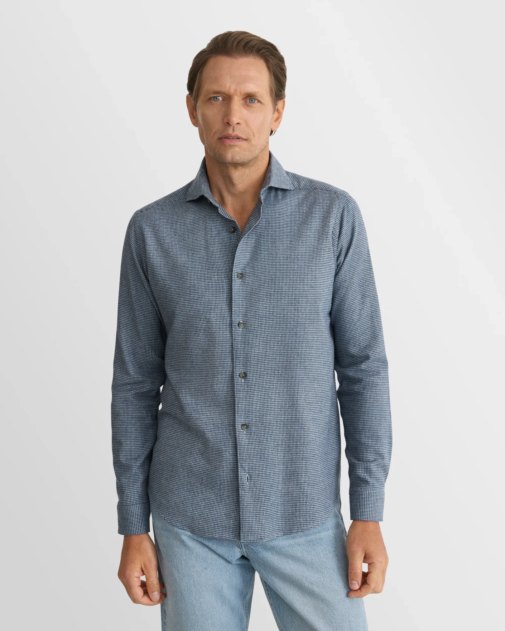 Eton - mid blue houndstooth check flannel shirt
