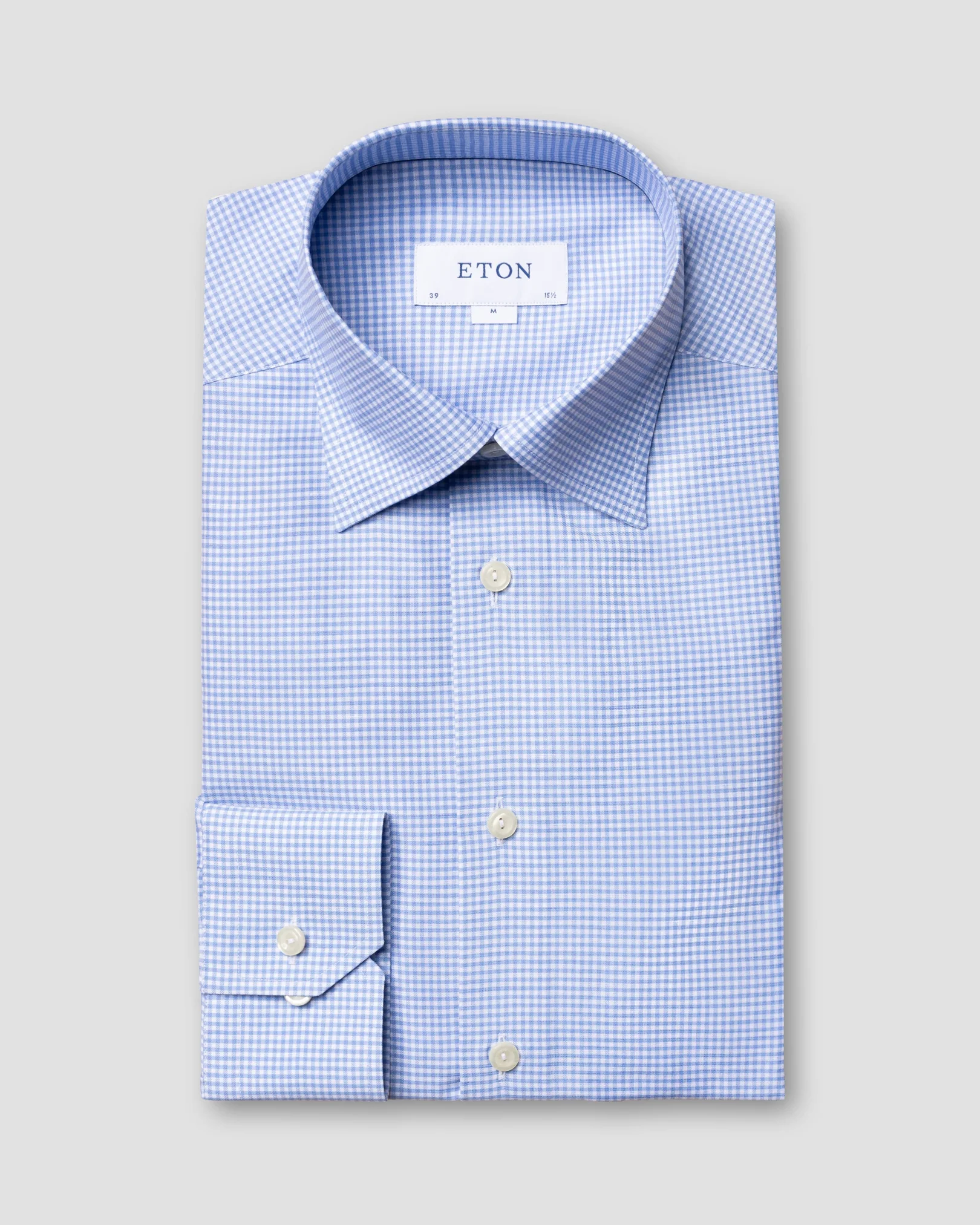 Eton - blue checked cotton and linen shirt button under