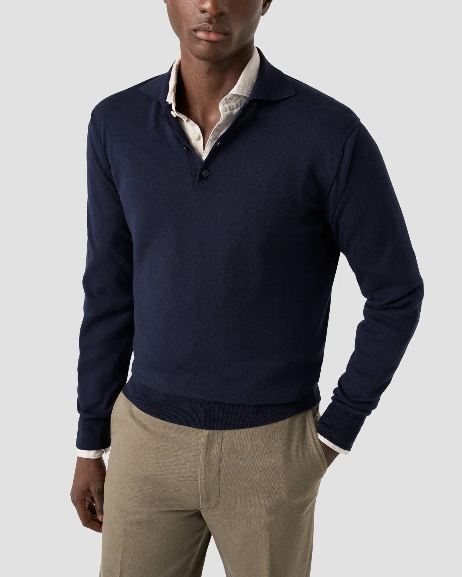 Eton - navy blue cotton cashmere fine knit polo shirt