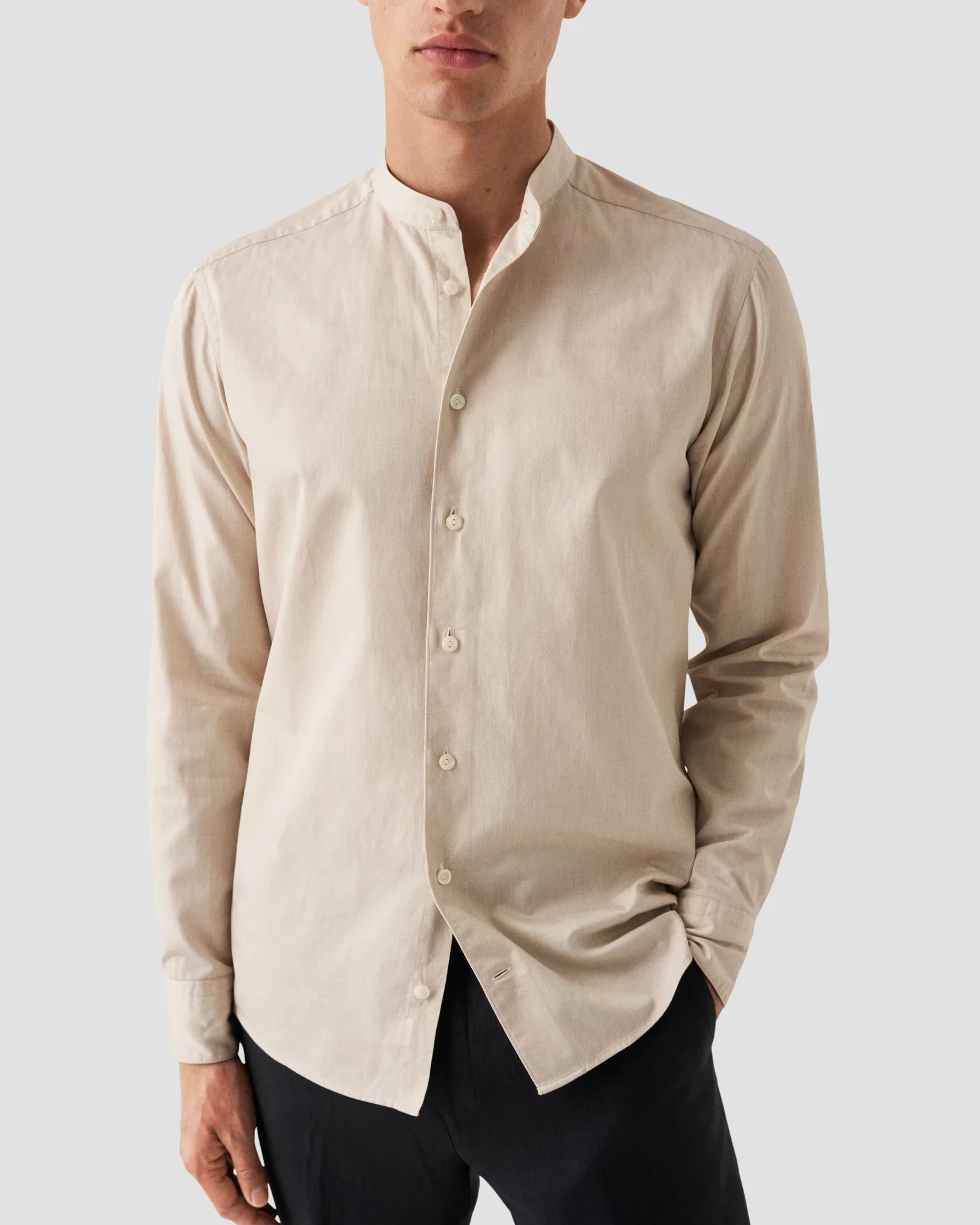 Eton - beige solid twill band collar shirt