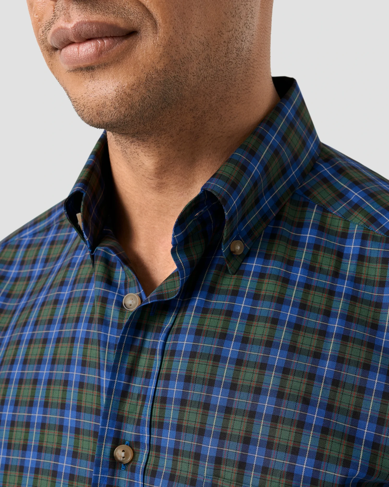 Eton - tartan plaid check shirt mid blue