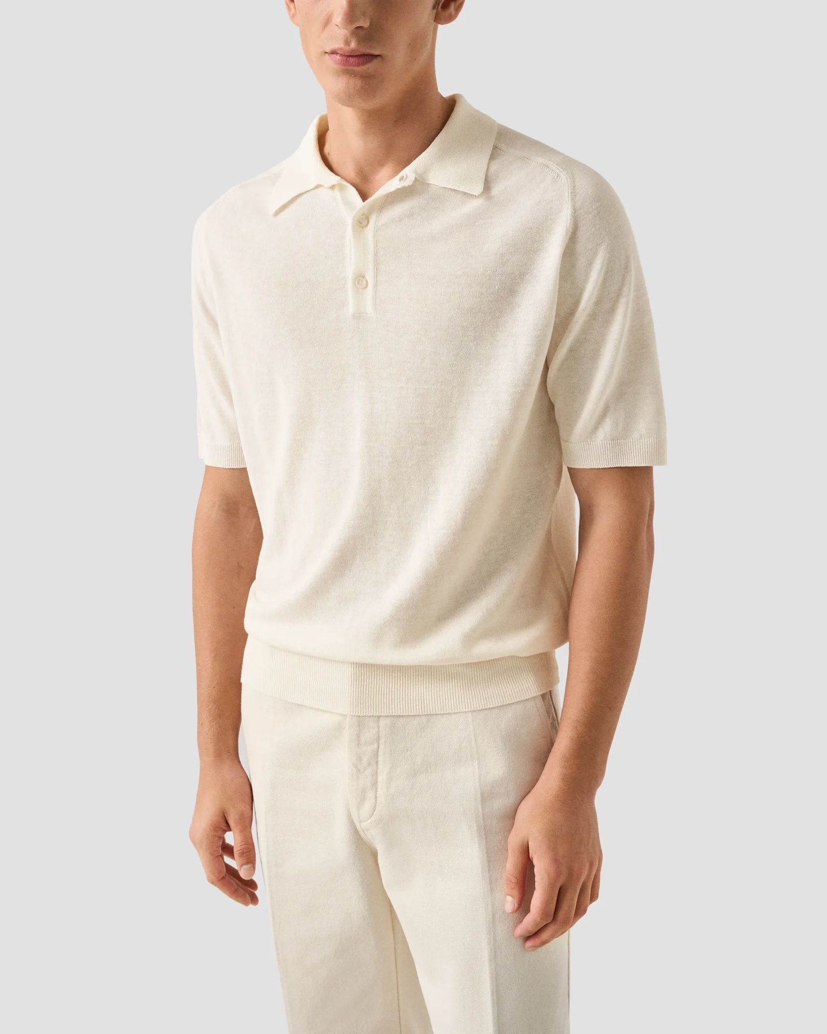 Eton - white cotton linen fine knit polo shirt