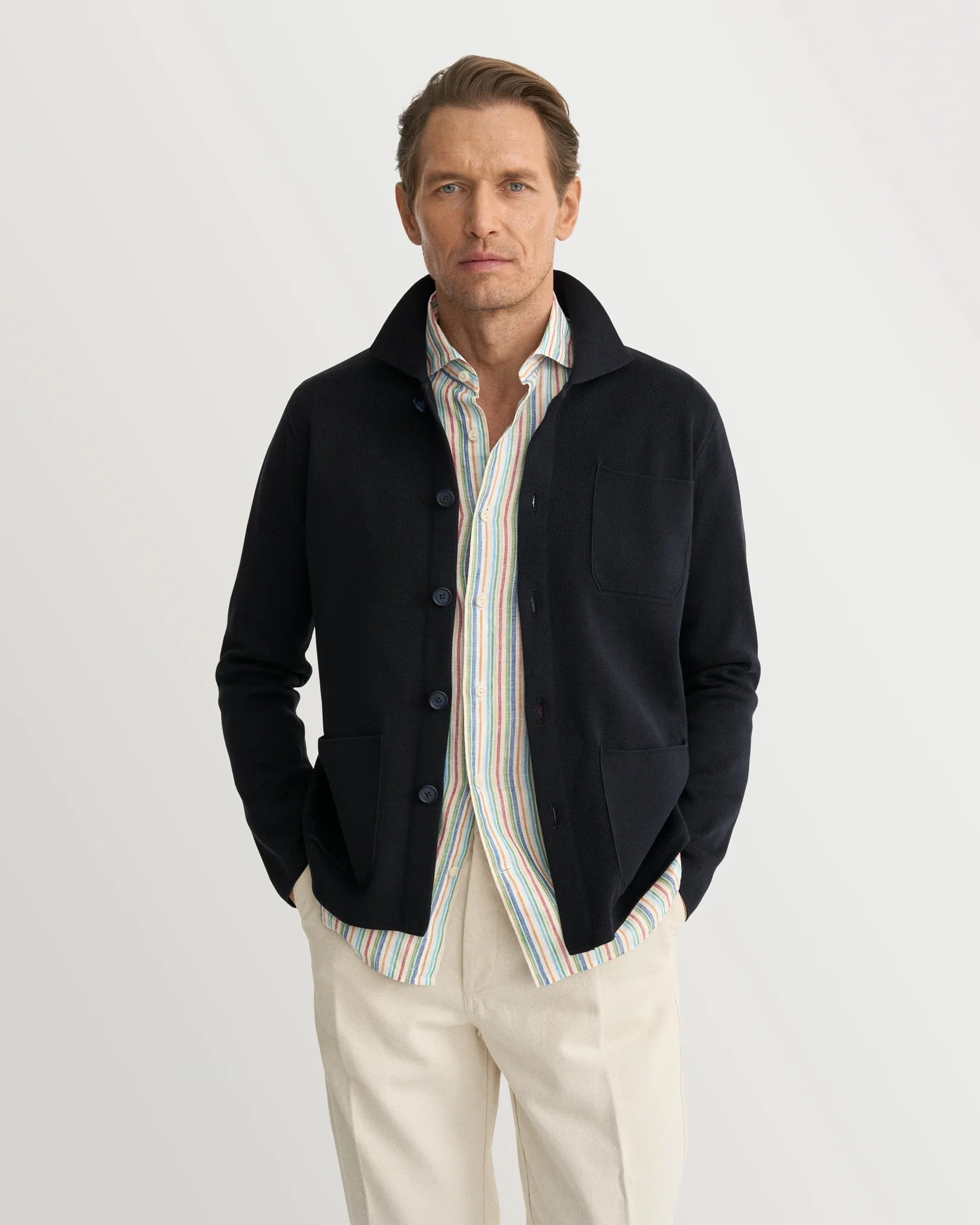 Eton - multi striped linen shirt wide spread rounded single casual fit