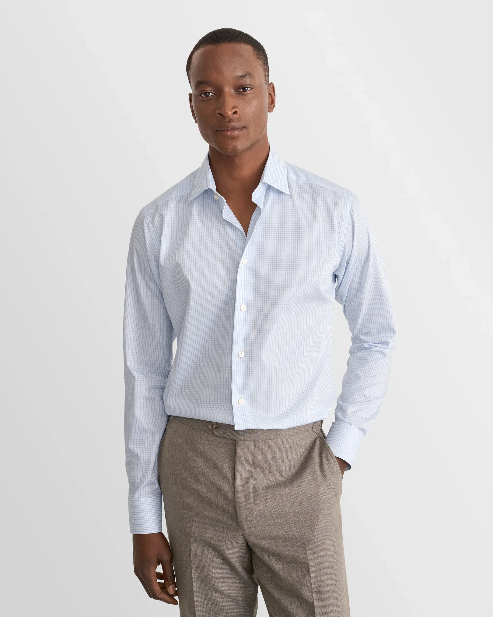 Eton - light blue checked supima shirt cut away single contemporary