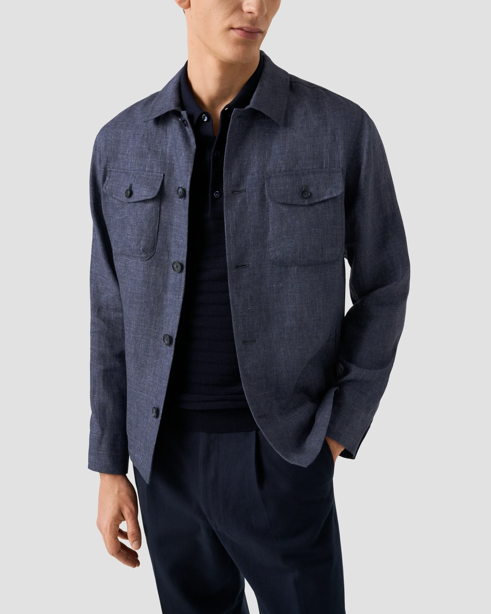 Eton - dark blue horisontal striped fine knit polo shirt