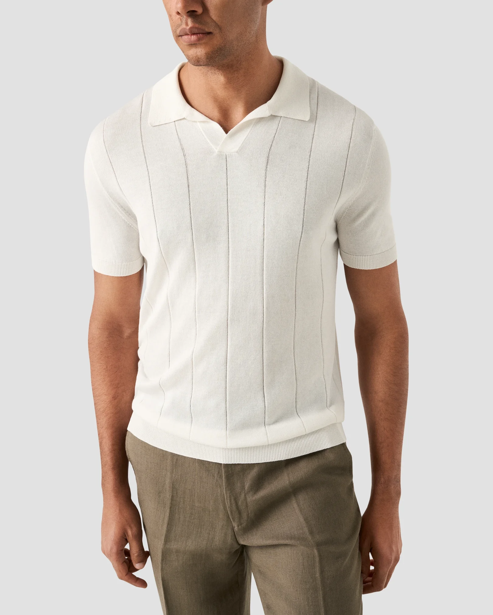 Eton - white cotton and silk open collar fine knit polo shirt