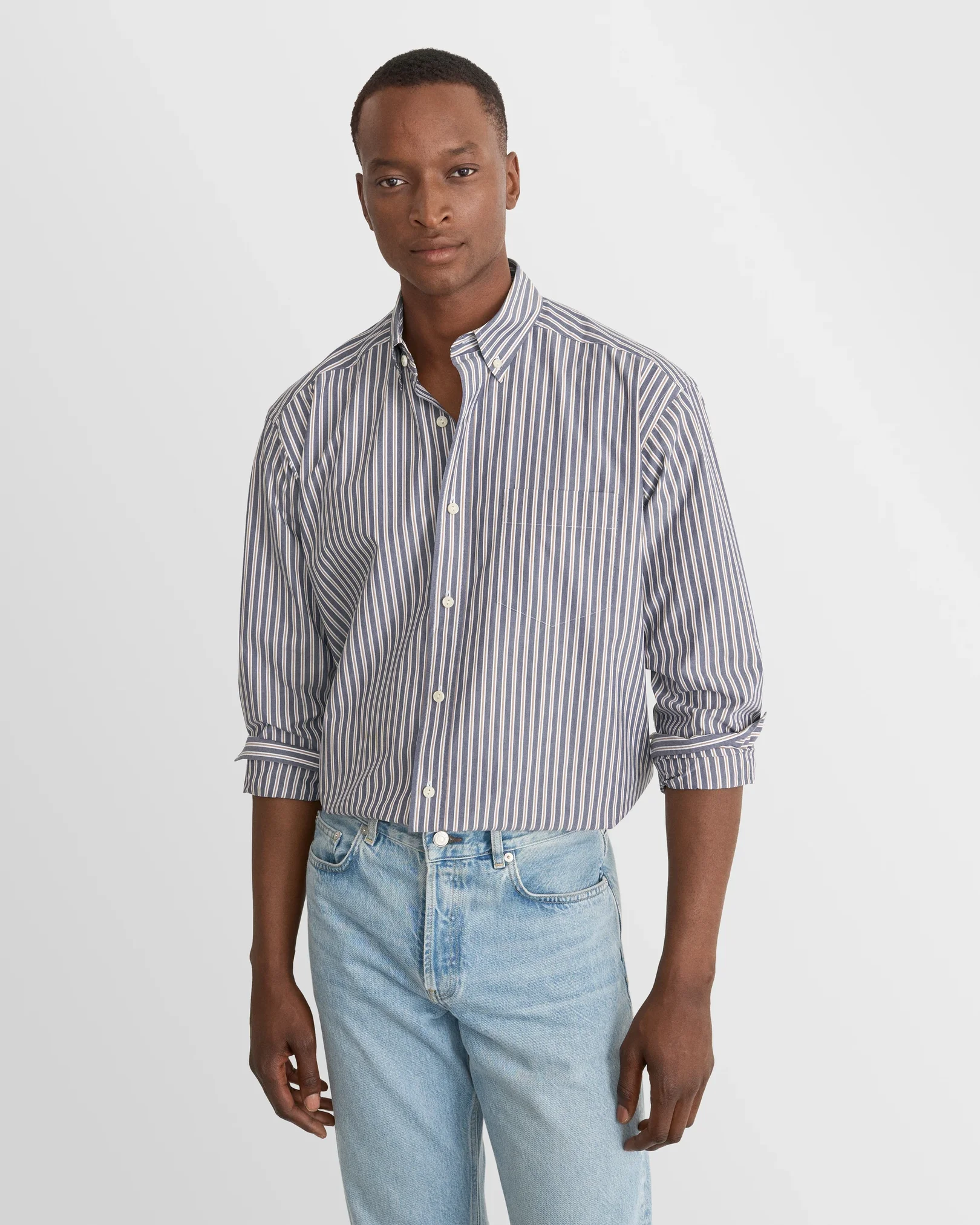 Eton - navy blue striped peached poplin shirt