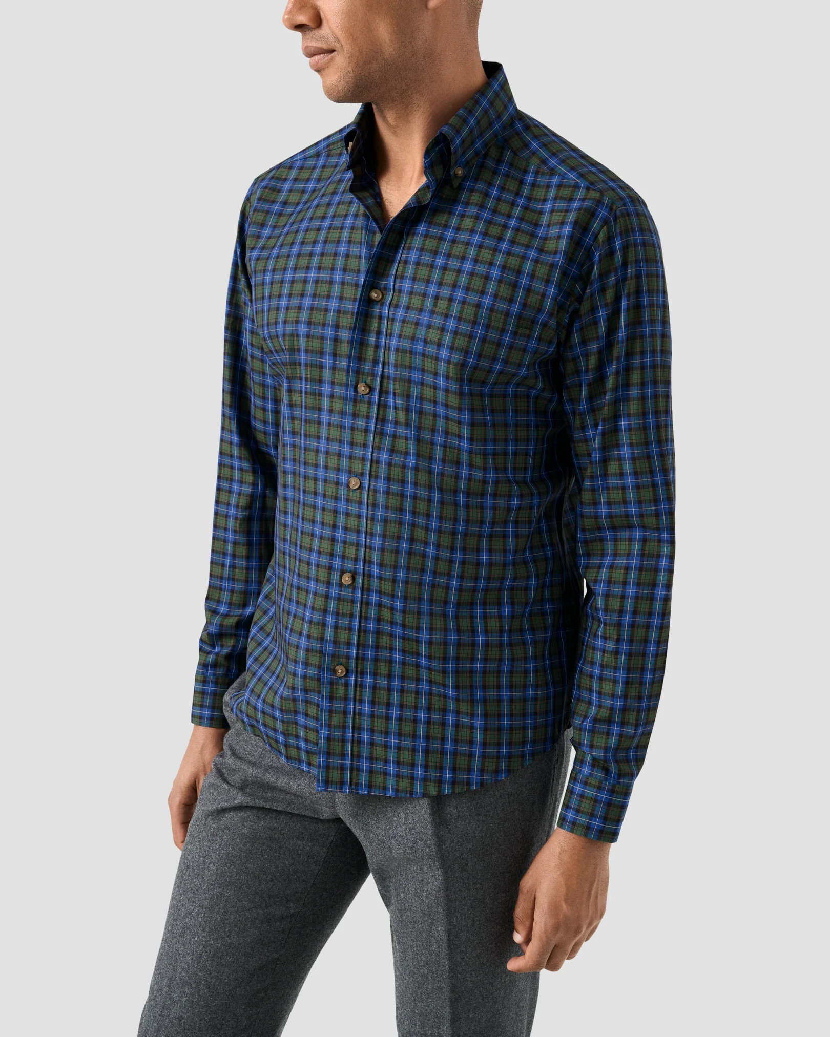 Eton - tartan plaid check shirt mid blue