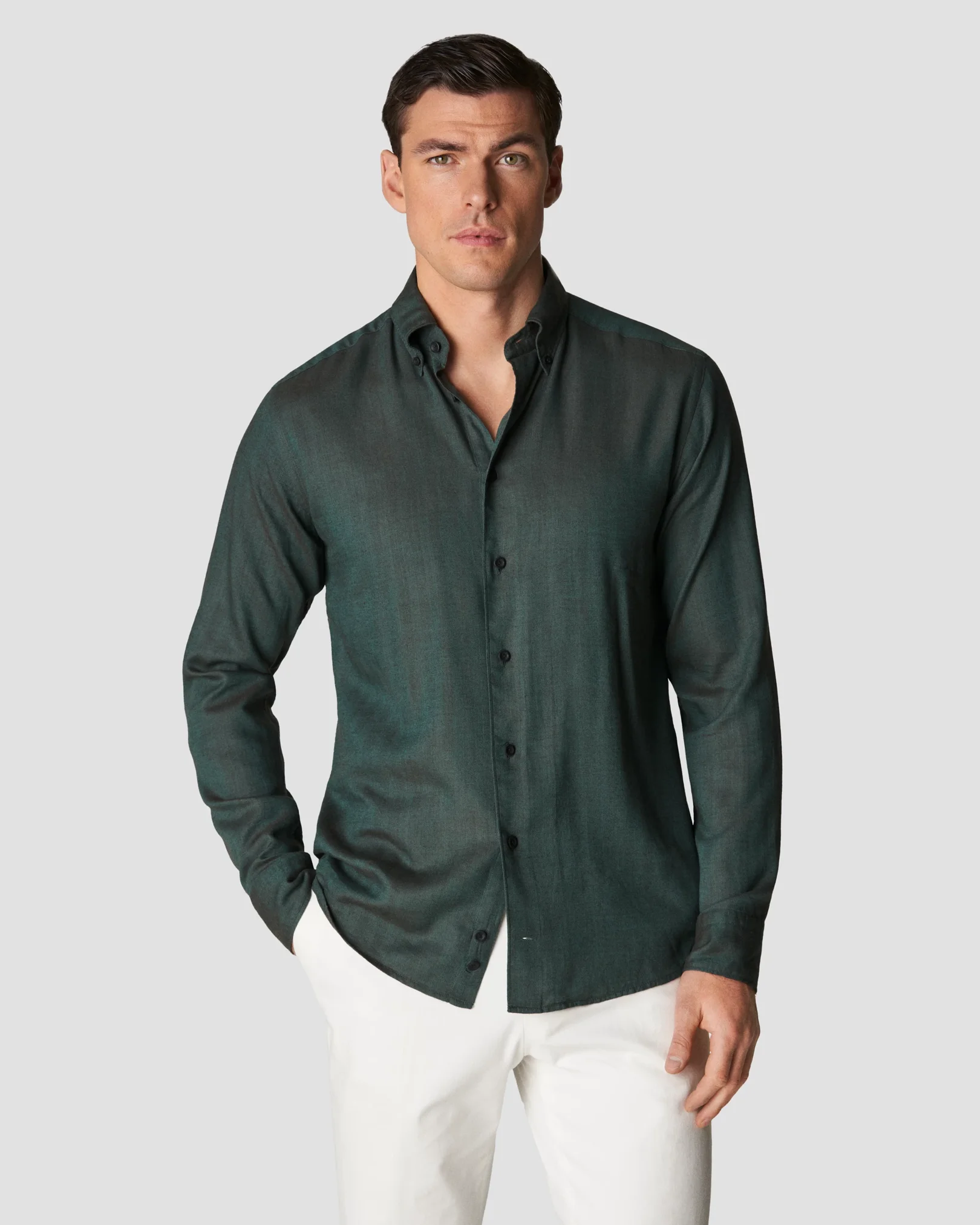 Dark Green Herringbone Flannel Shirt - Eton