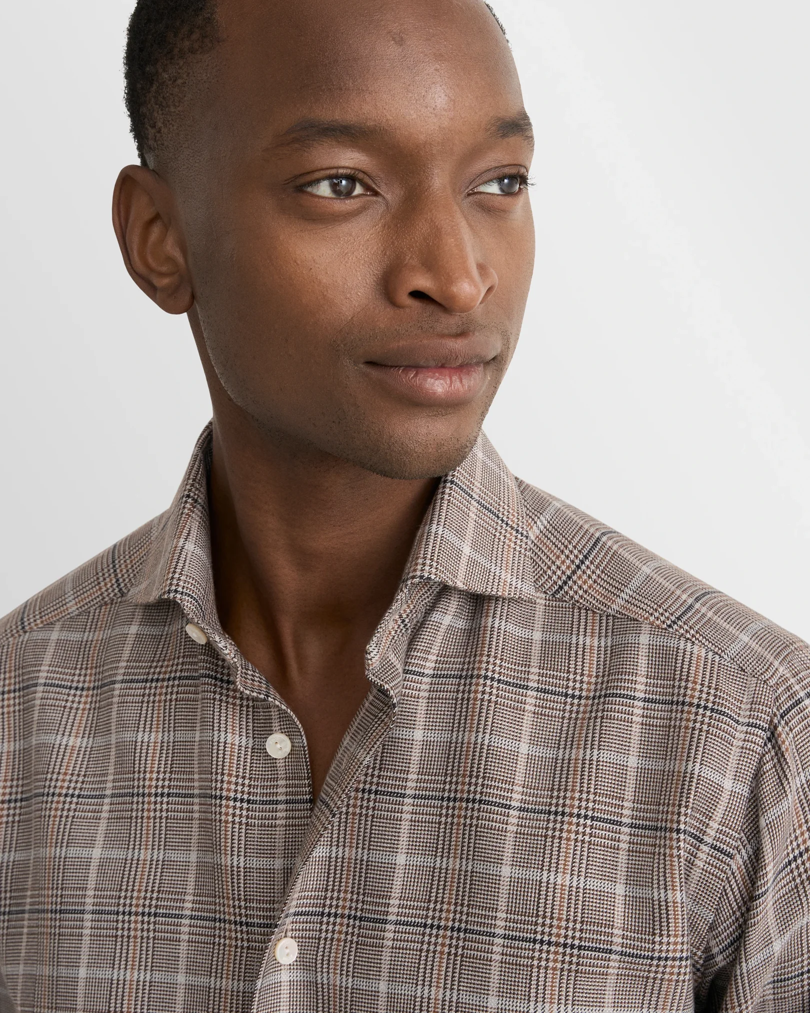 Eton - dark brown plaid check cotton silk cashmere shirt