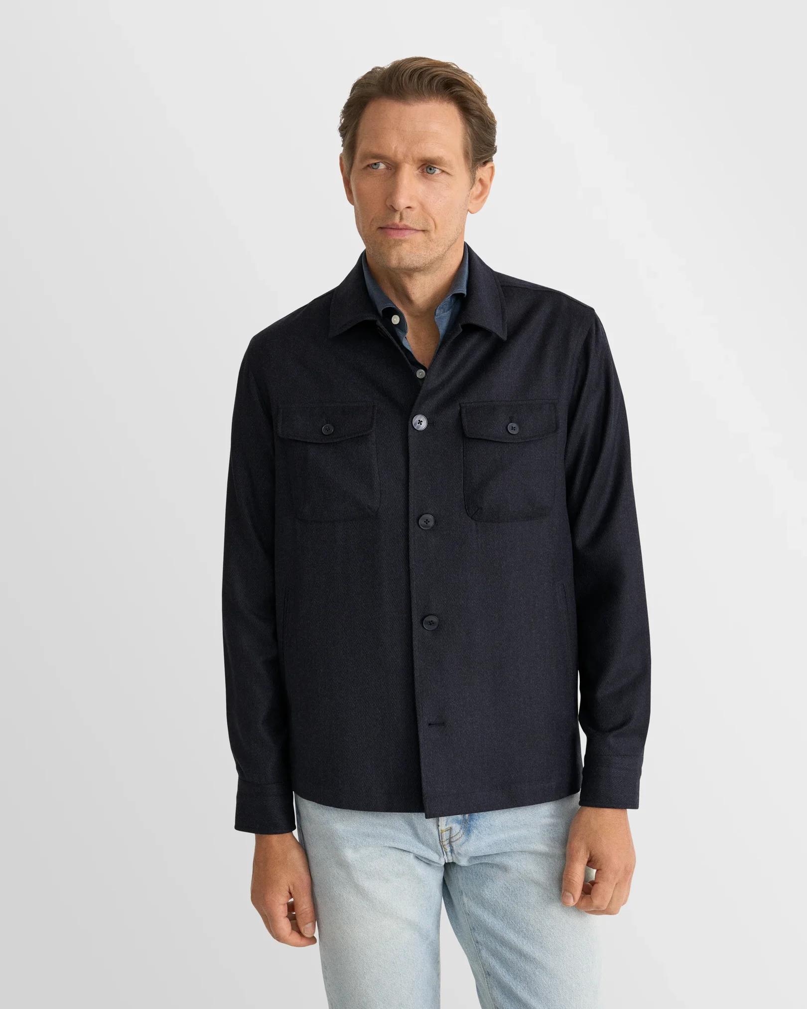 Eton - navy blue wool structure four pocket overshirt