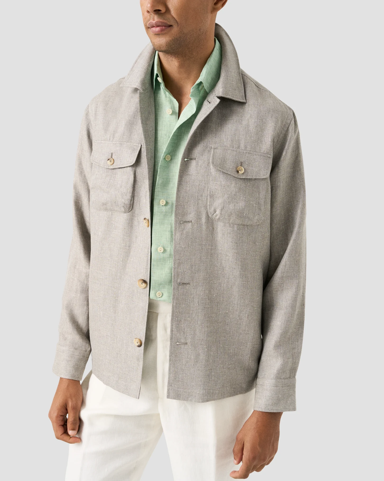 Eton - mid green solid linen short sleeve shirt spread
