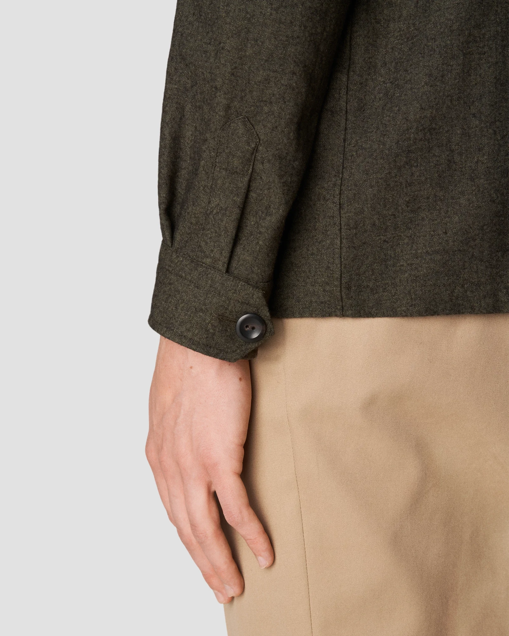 Eton - dark green flannel collar with no collarstand single cuff pointed strap regular