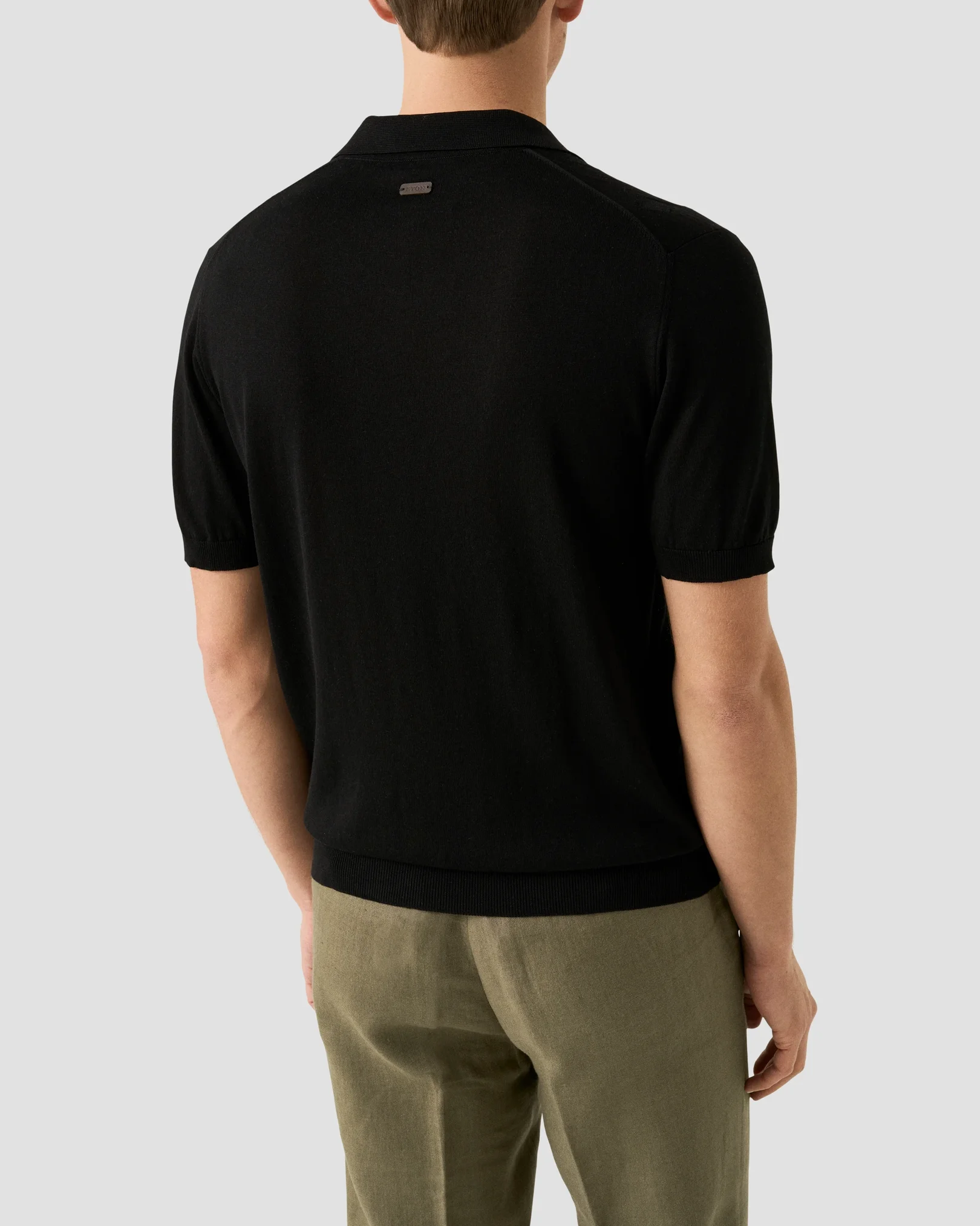 Eton - black cotton and silk open collar fine knit