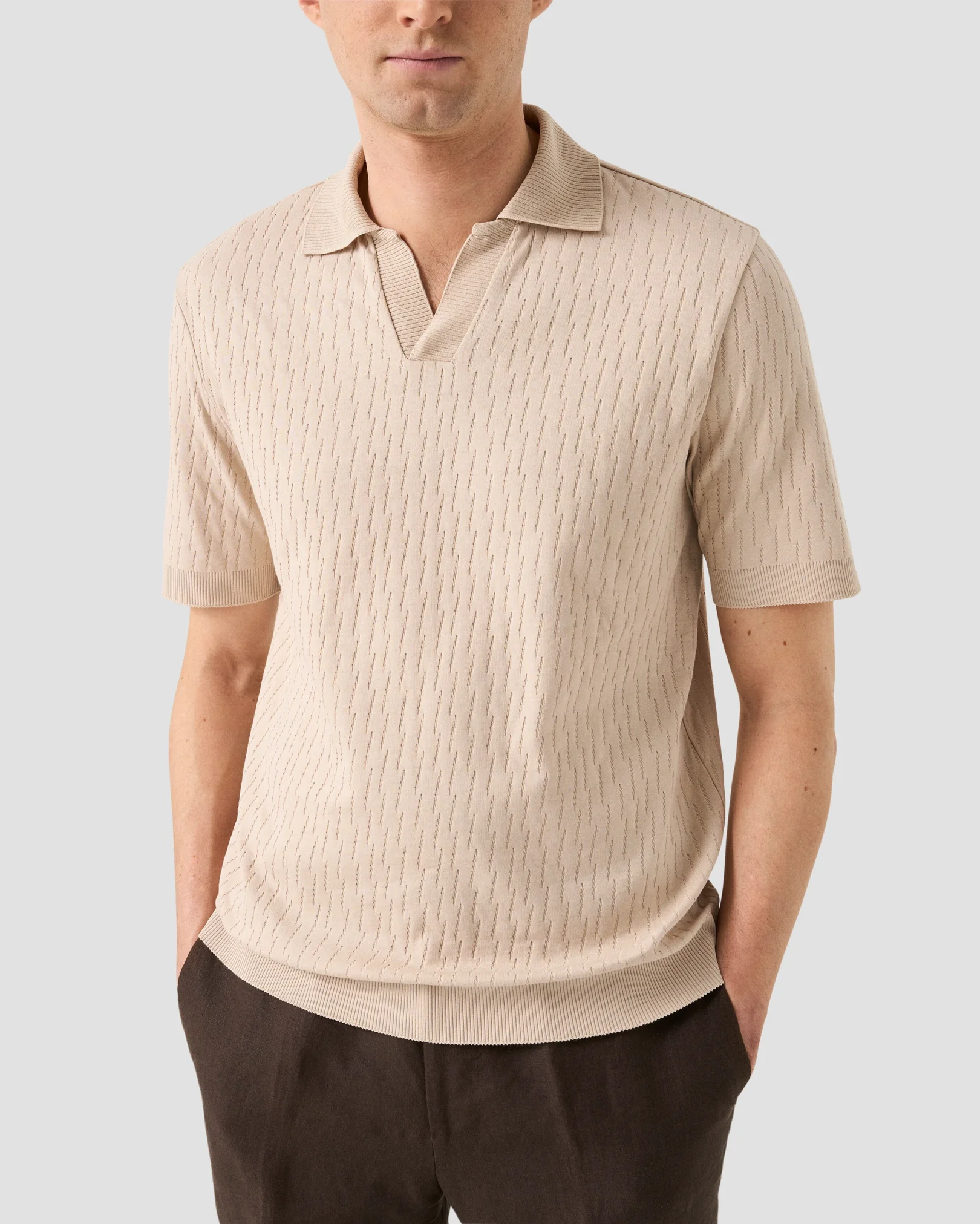 Eton - jacquard open collar polo shirt beige