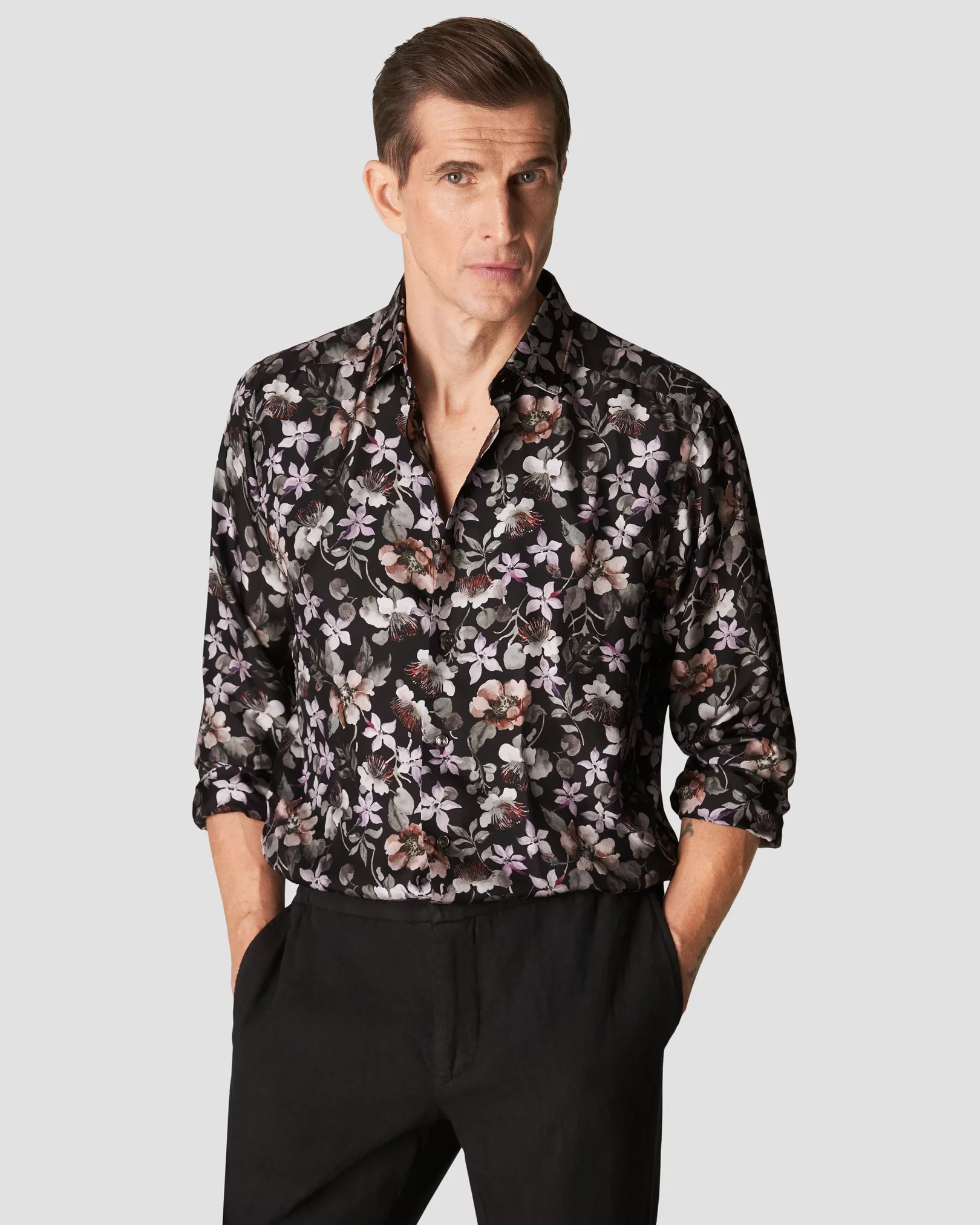 Black Floral Silk Twill Shirt - Eton