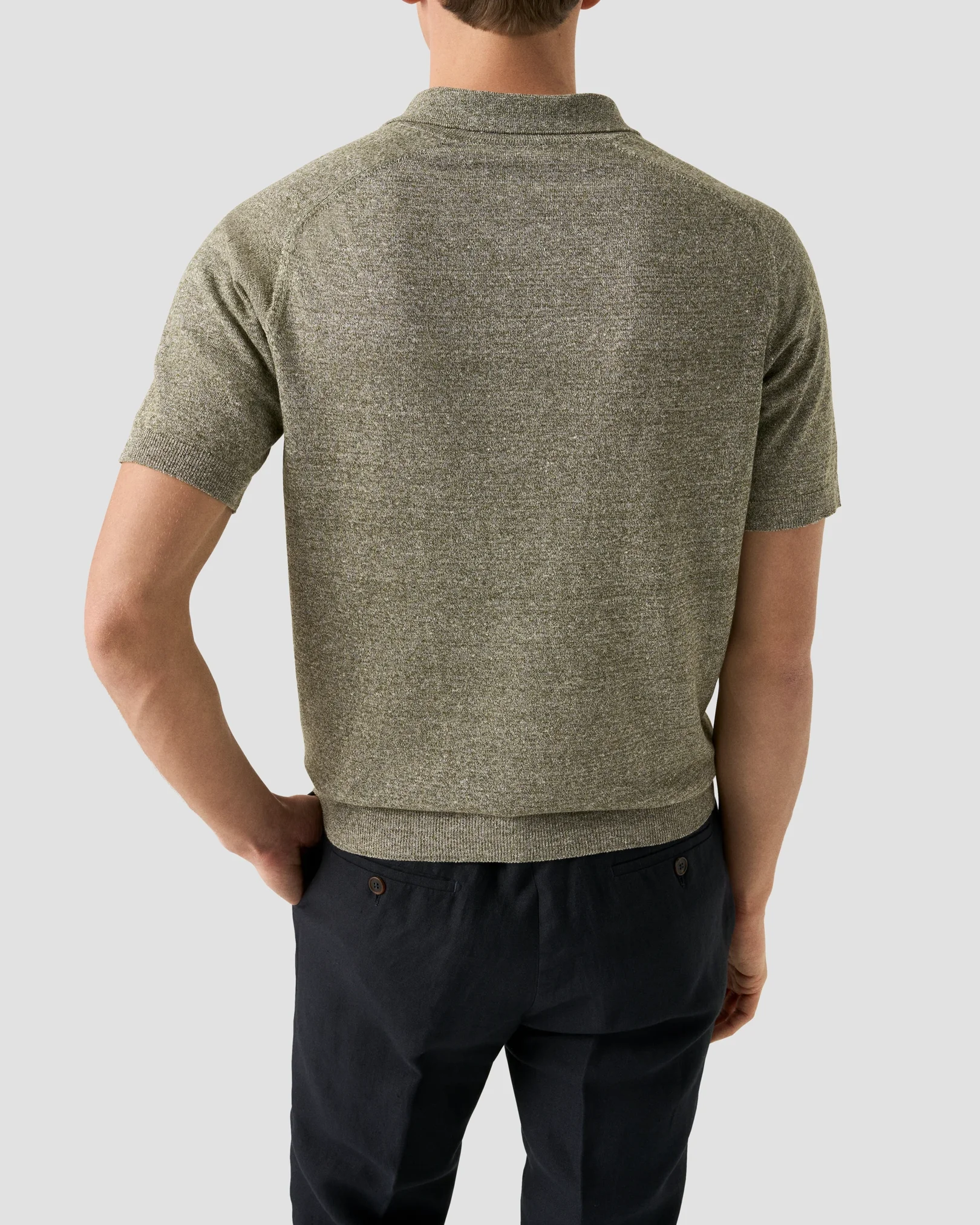 Eton - cotton linen fine knit polo shirt mid green