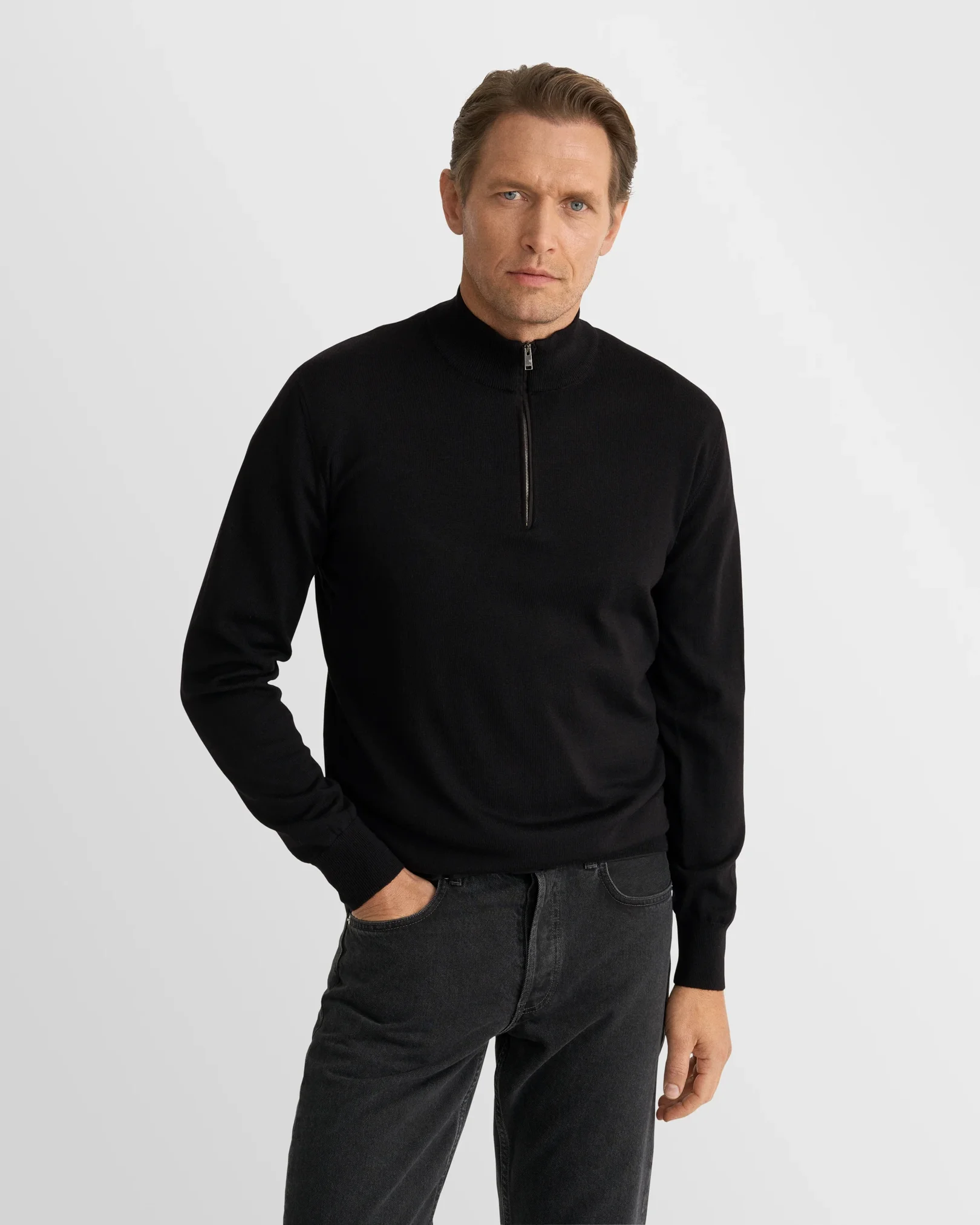 Eton - black merino quarter zip knit sweater