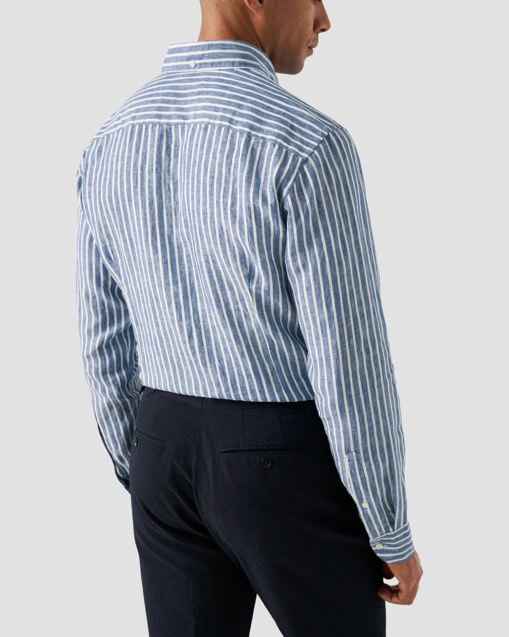 Eton - mid blue striped linen shirt button 251